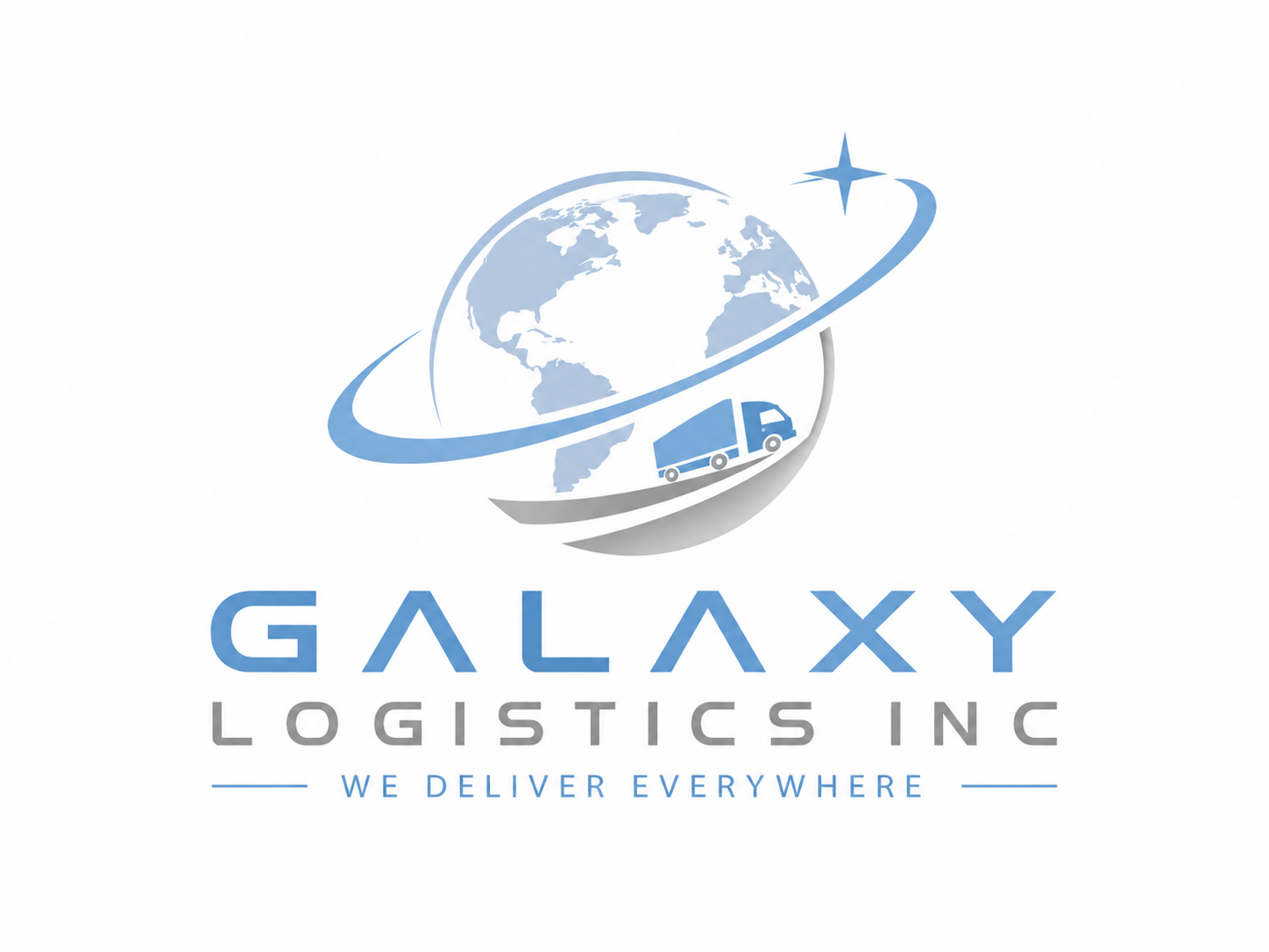Logo for Galaxy Logistics Inc., featuring a globe with a truck silhouette and a star orbiting the earth, with the company name and slogan 'We Deliver Everywhere'.
