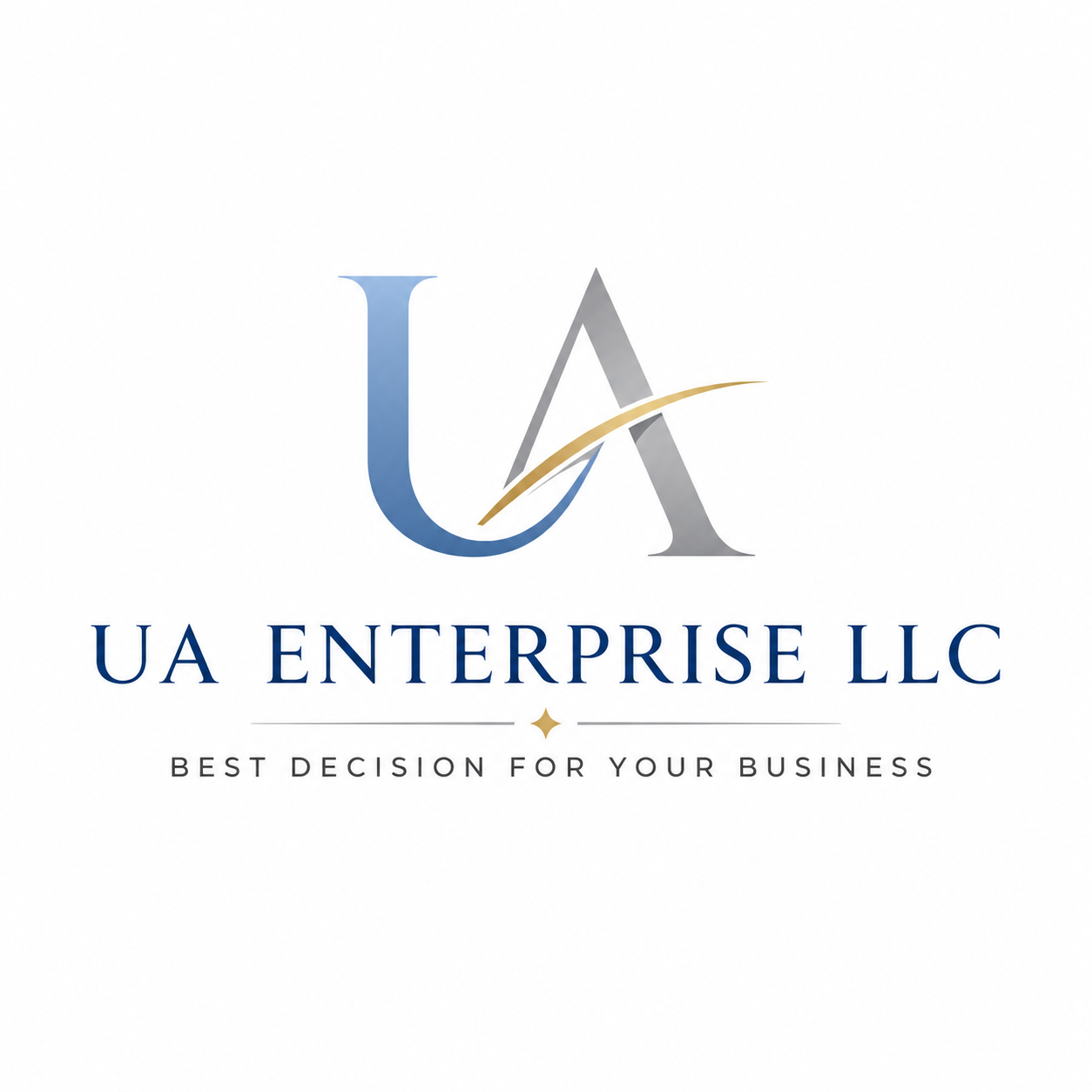 Logo for UA Enterprise LLC with stylized letters U and A, blue and gray colors, gold swoosh, tagline 'Best Decision for Your Business' in black and navy text.