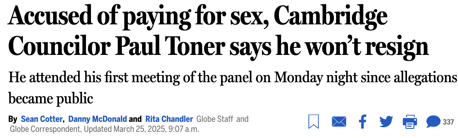 News headline about accused Cambridge councilor, Paul Toner, refusing to resign after allegations of paying for sex.