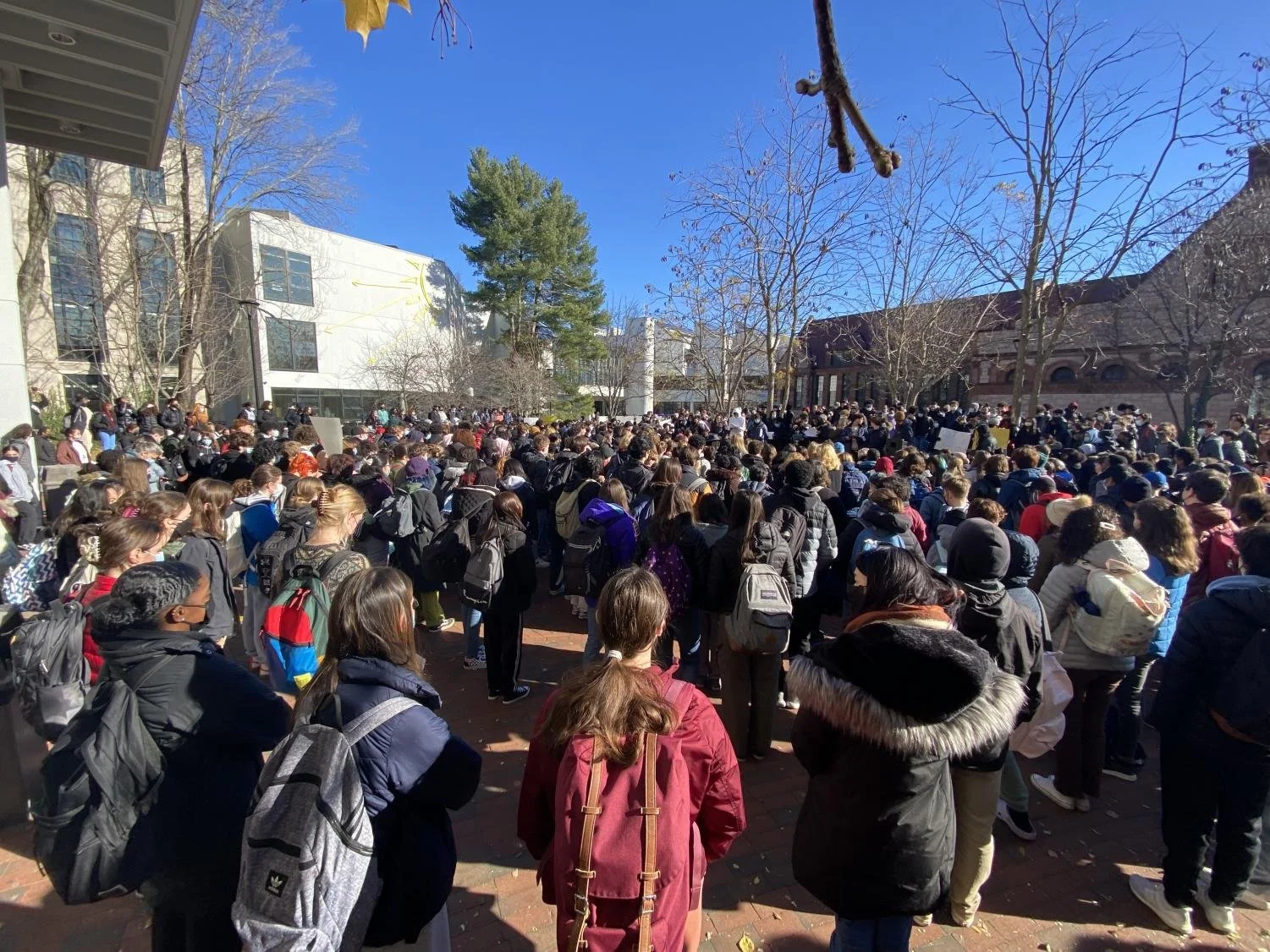 Crowd of people gathered outdoors near a building, wearing coats and backpacks, under a clear blue sky.