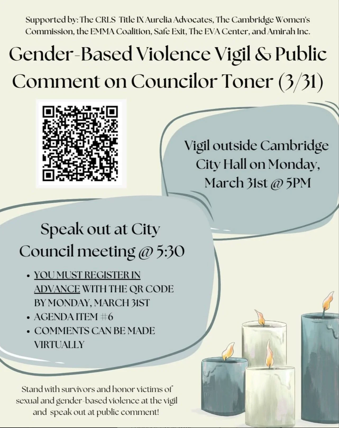 Flyer for Gender-Based Violence Vigil outside Cambridge City Hall on March 31st at 5 PM. Includes details for speaking at a City Council meeting at 5:30 PM, registration info, and a QR code for advance registration. Supported by various organizations. Image of lit candles included.