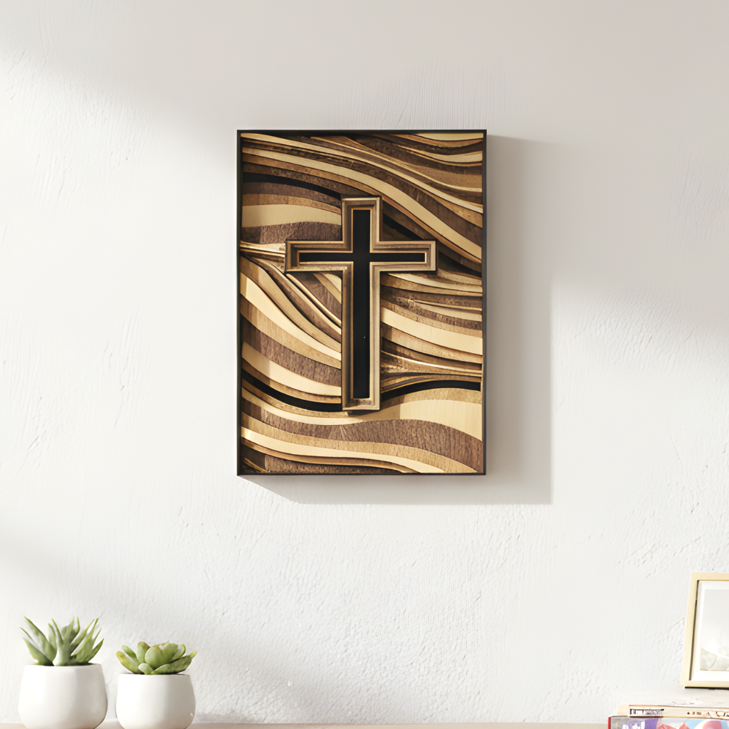 8-layer wavy wood cross wall art with multi-tonal brown stains mounted on a white wall.