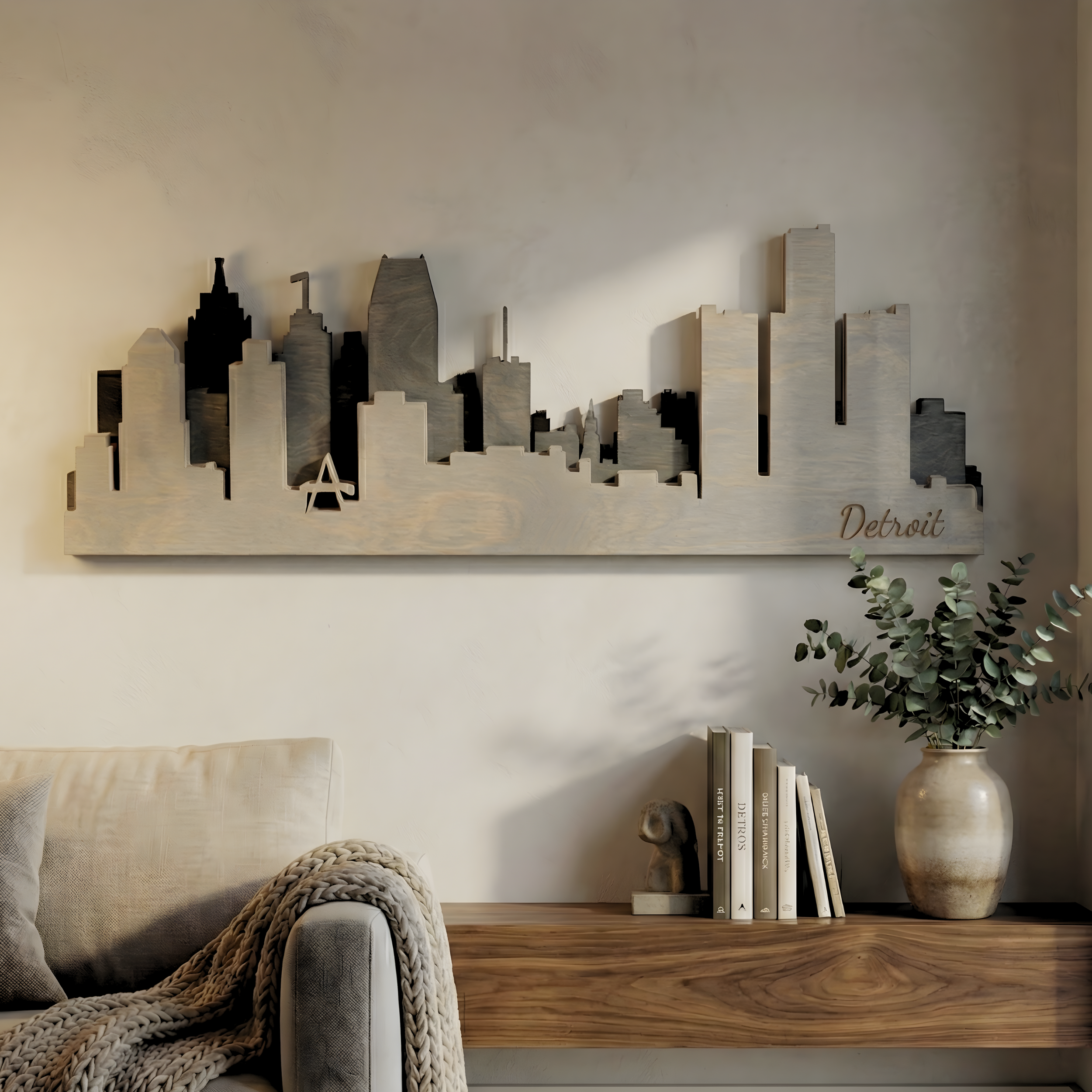 Detroit 3D wood skyline art in grey palette mounted above a console table.