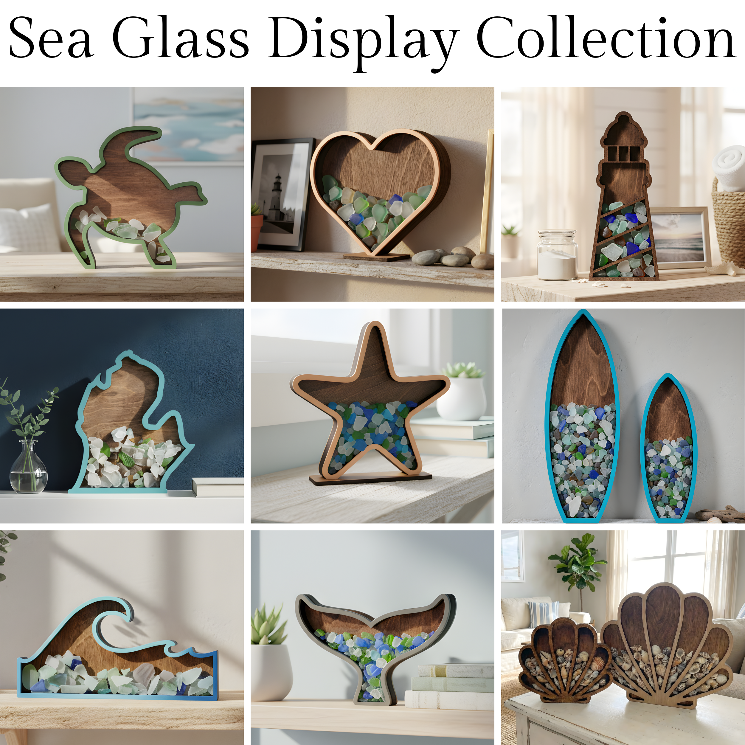 A collection of images showing the entire sea glass display collection.