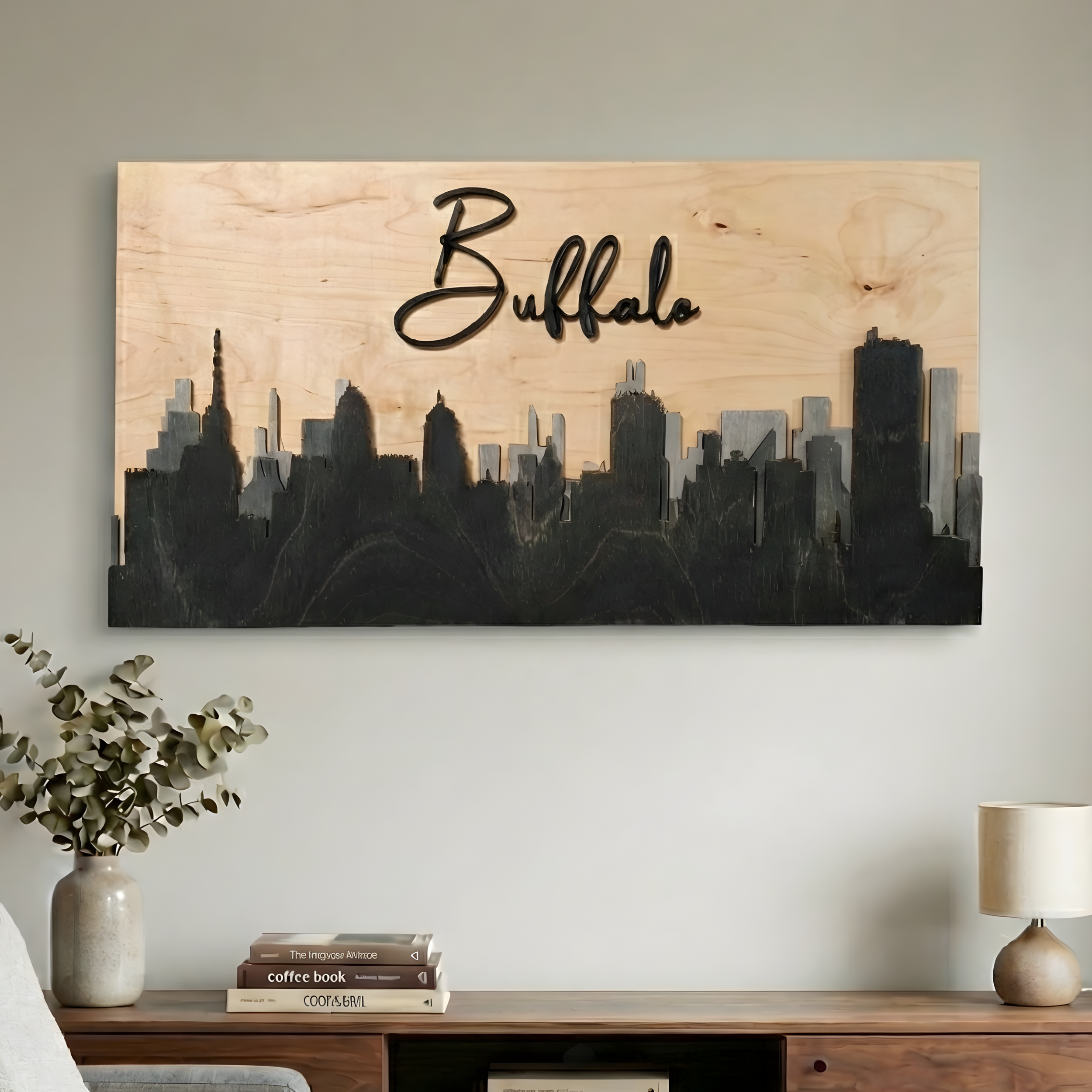 Front view of large 3D Buffalo NY skyline wood art in grey stain above a wooden console.