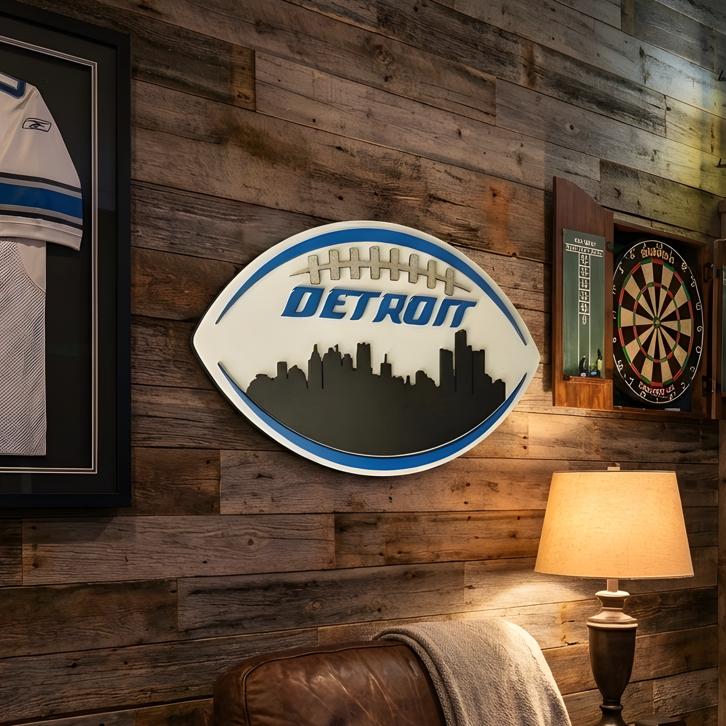 Large Detroit football skyline sign styled in a rustic fan cave with wood-paneled walls and a dartboard.