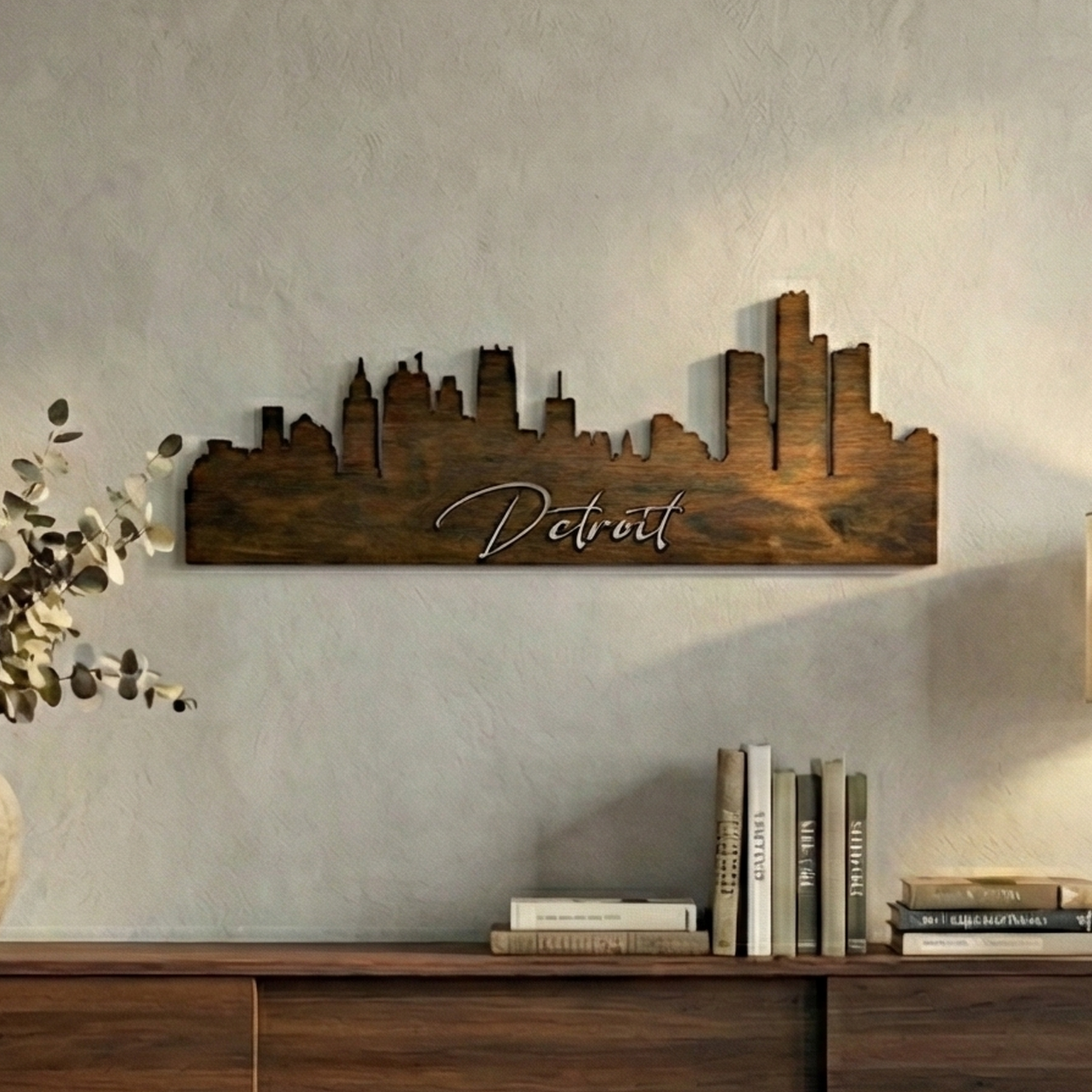 Detroit wood skyline art in Dark Walnut stain with cut-out script above a console.