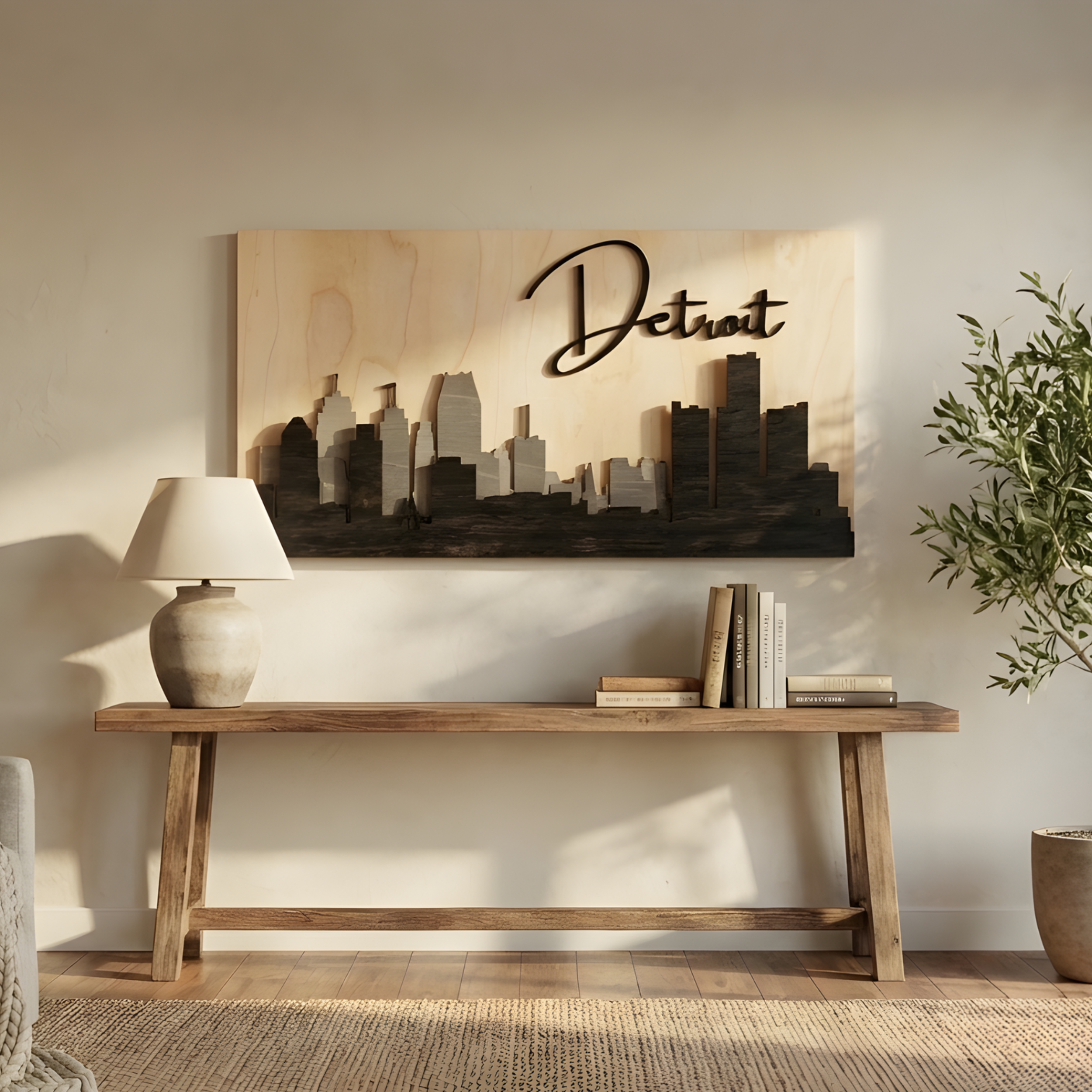 Large grey wood Detroit skyline wall art hanging above a long wooden console in a bright room.