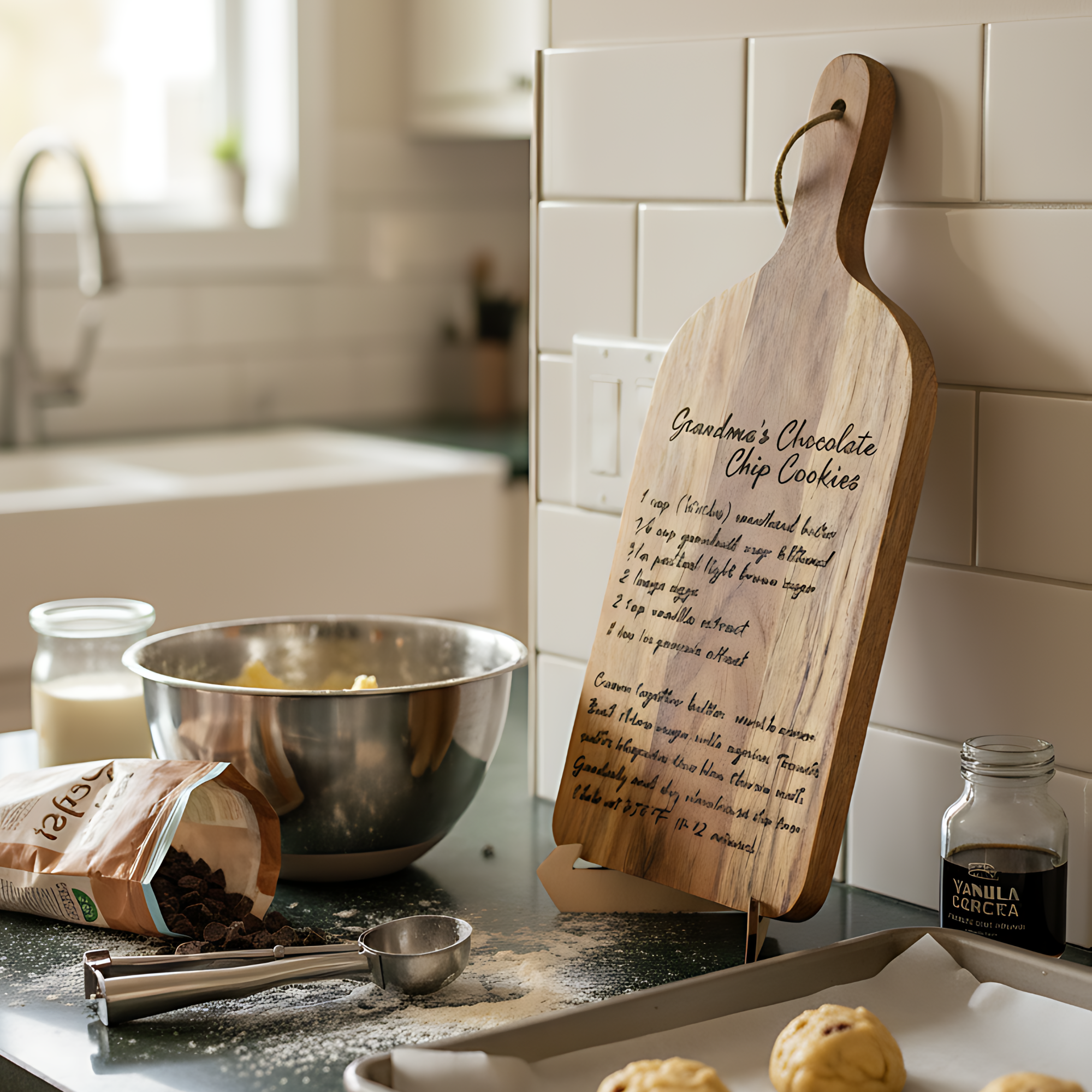 Handwritten "Grandma's Chocolate Chip Cookies" recipe engraved on a wood board in a kitchen setting.