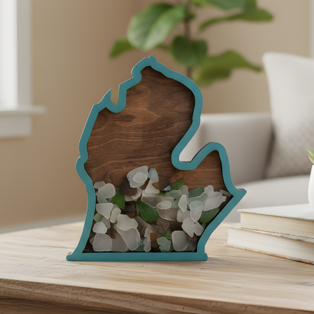 Beach glass display in the shape of Michigan.