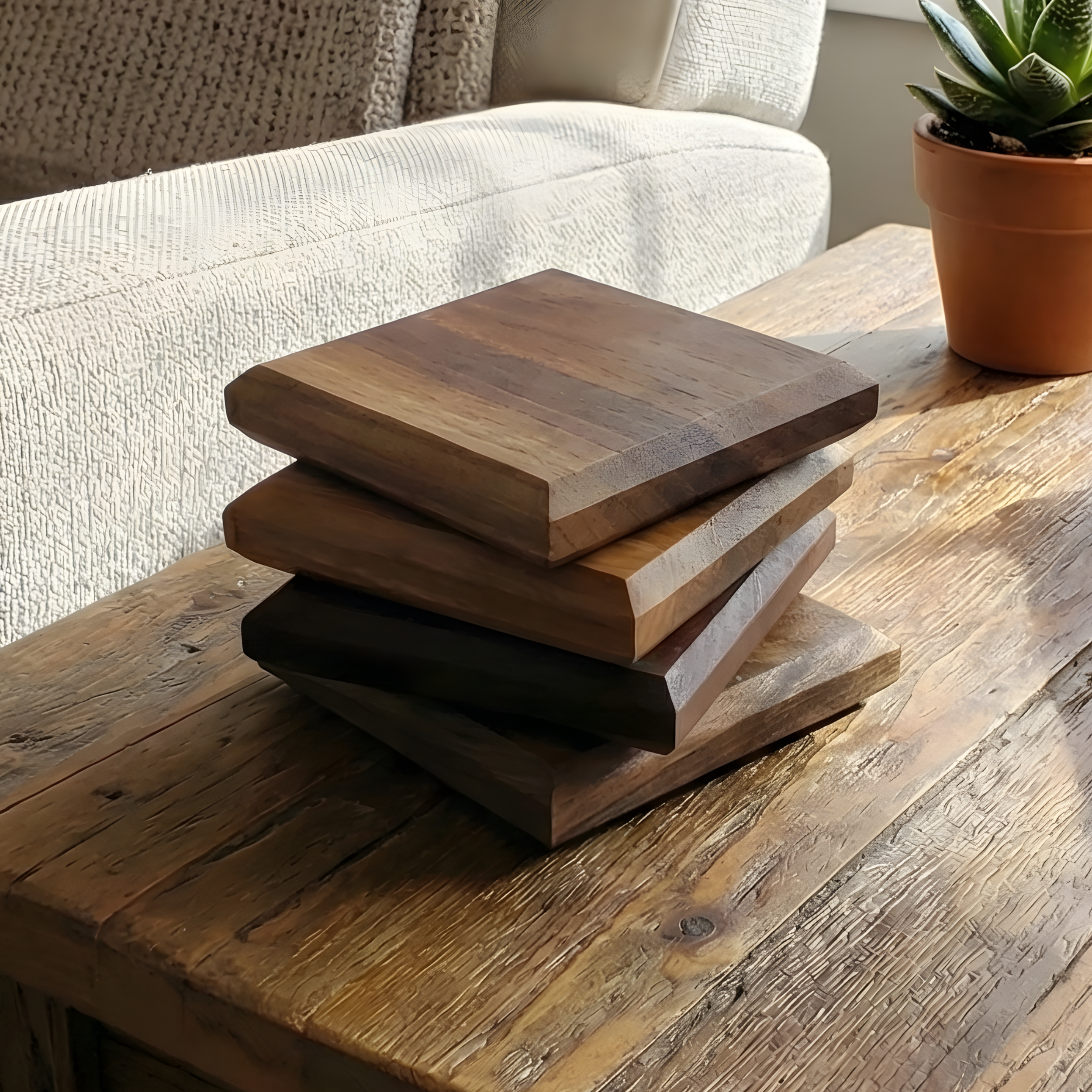 A set of four solid walnut coasters with chamfered edges stacked on a rustic wooden table.
