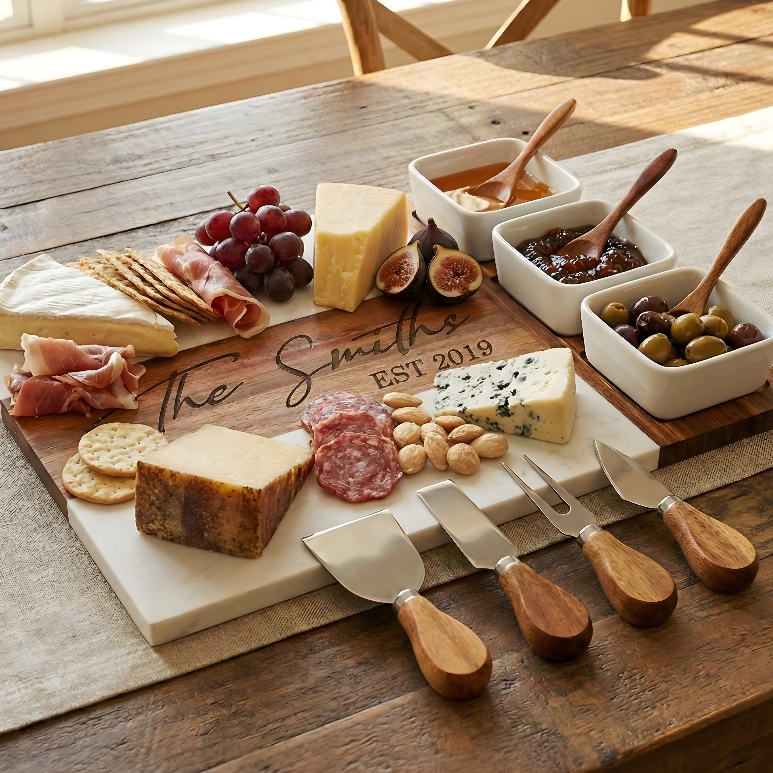 Custom Engraved Acacia & Marble Charcuterie Board Set | Personalized Gift