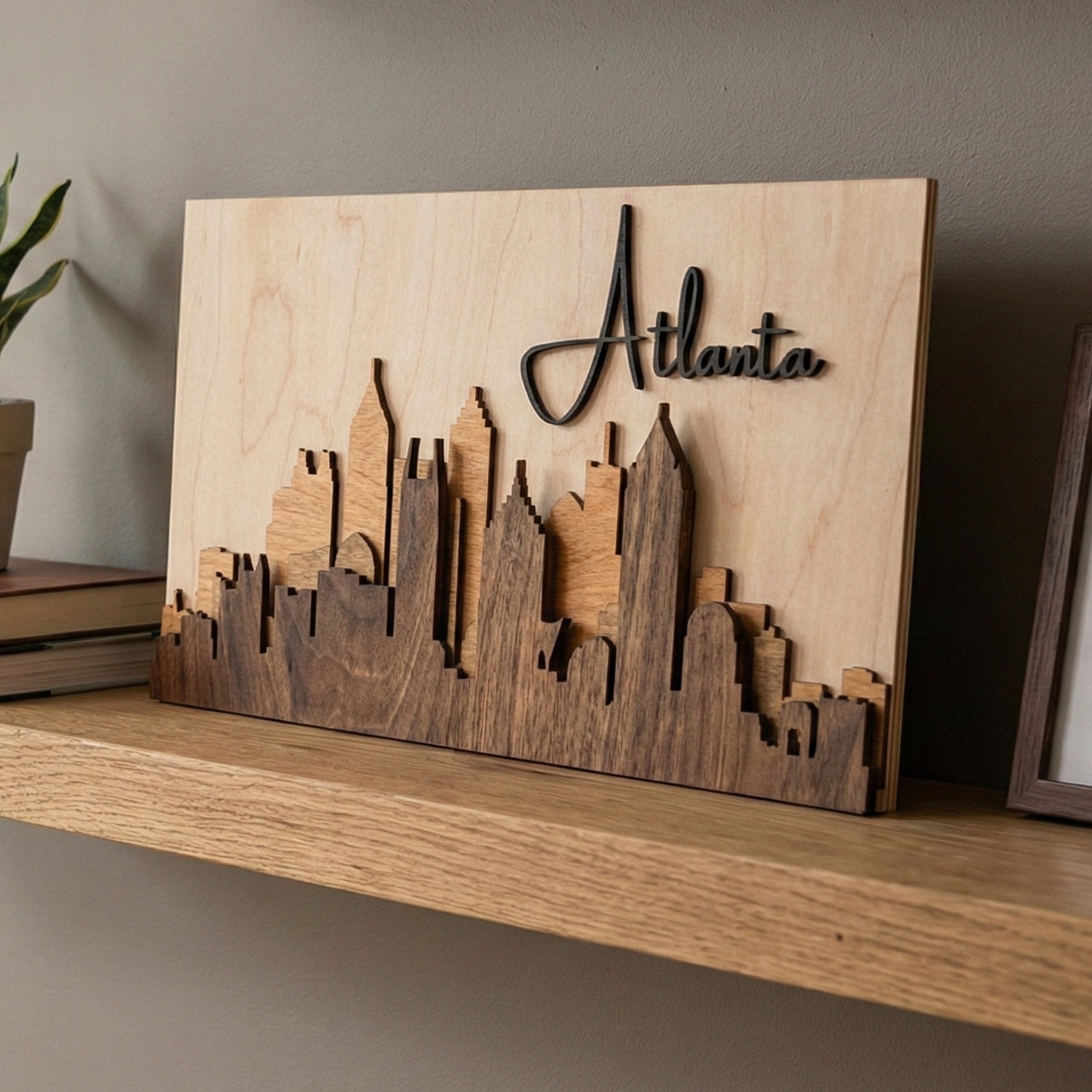 3D brown Atlanta wood skyline art sitting on a light wood shelf in a modern room.