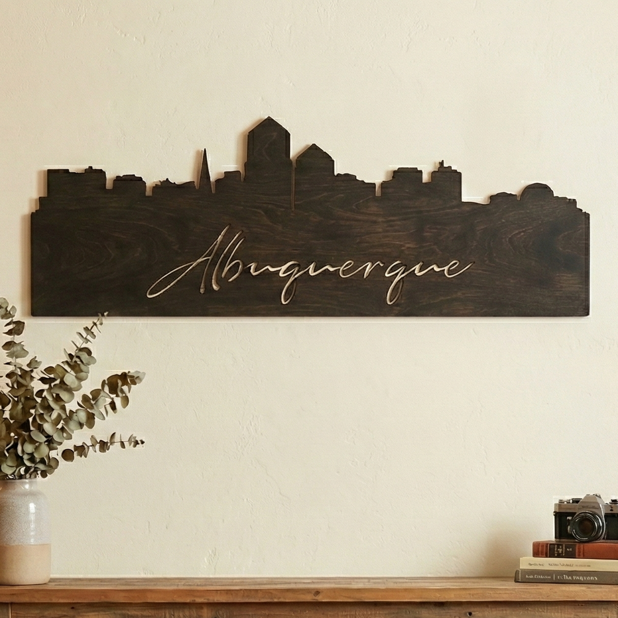 Handcrafted Albuquerque wood skyline art in Ebony stain mounted above a wooden console table.