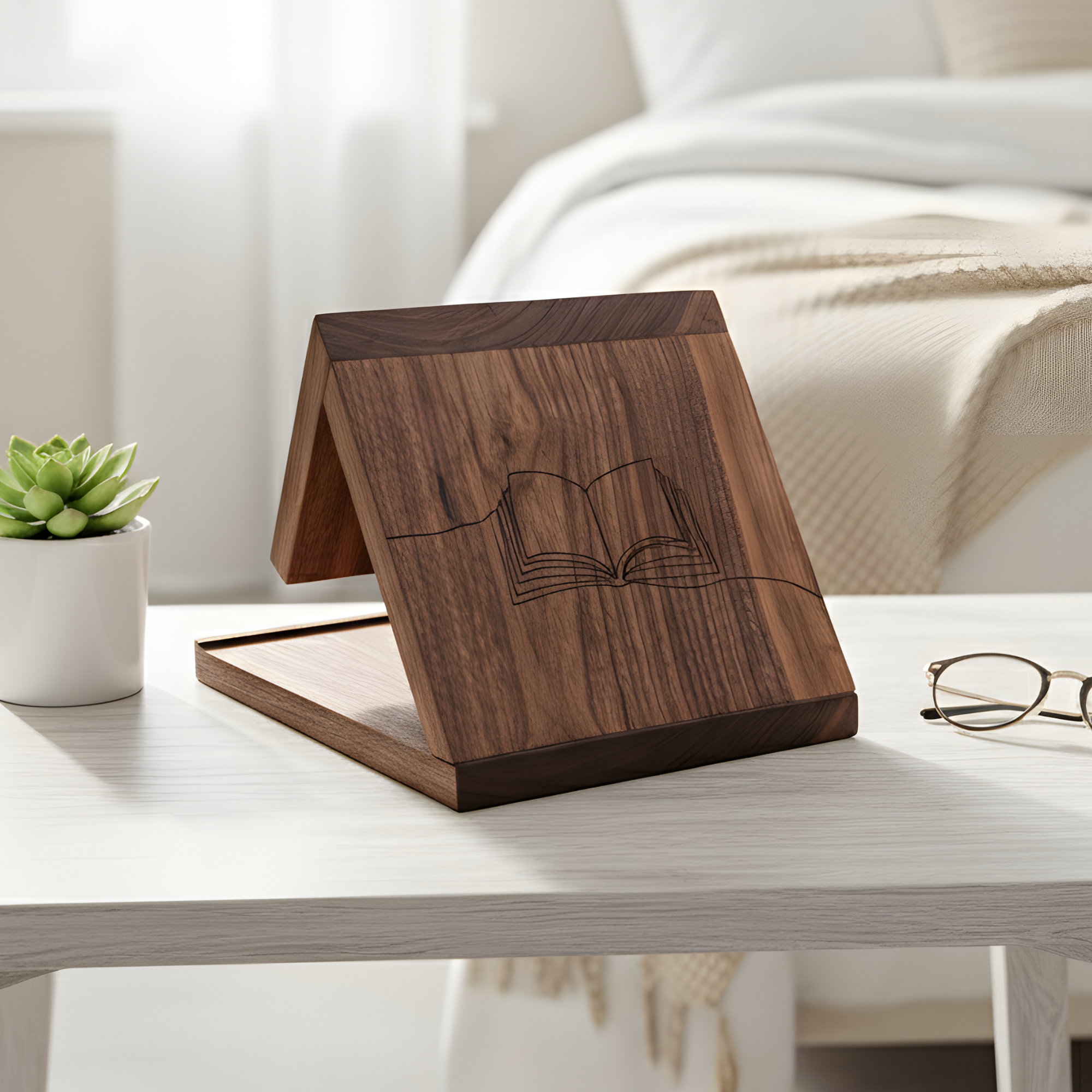 Engraved walnut book placeholder on a coffee table with reading accessories.