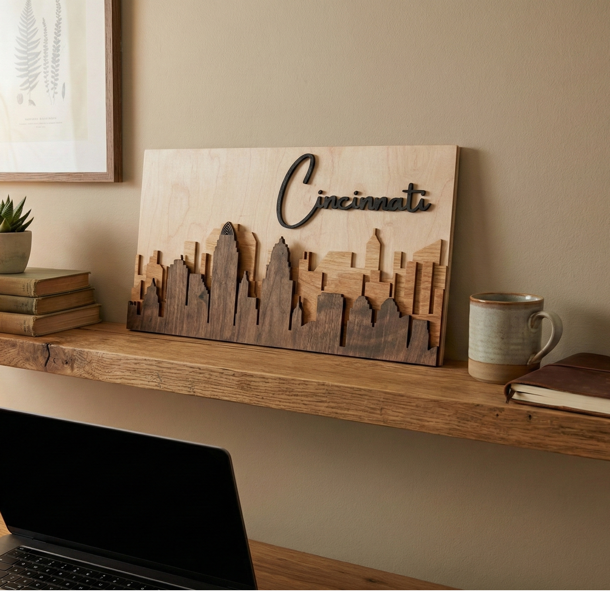 3D brown Cincinnati wood skyline art sitting on a wooden shelf with a laptop and coffee mug.