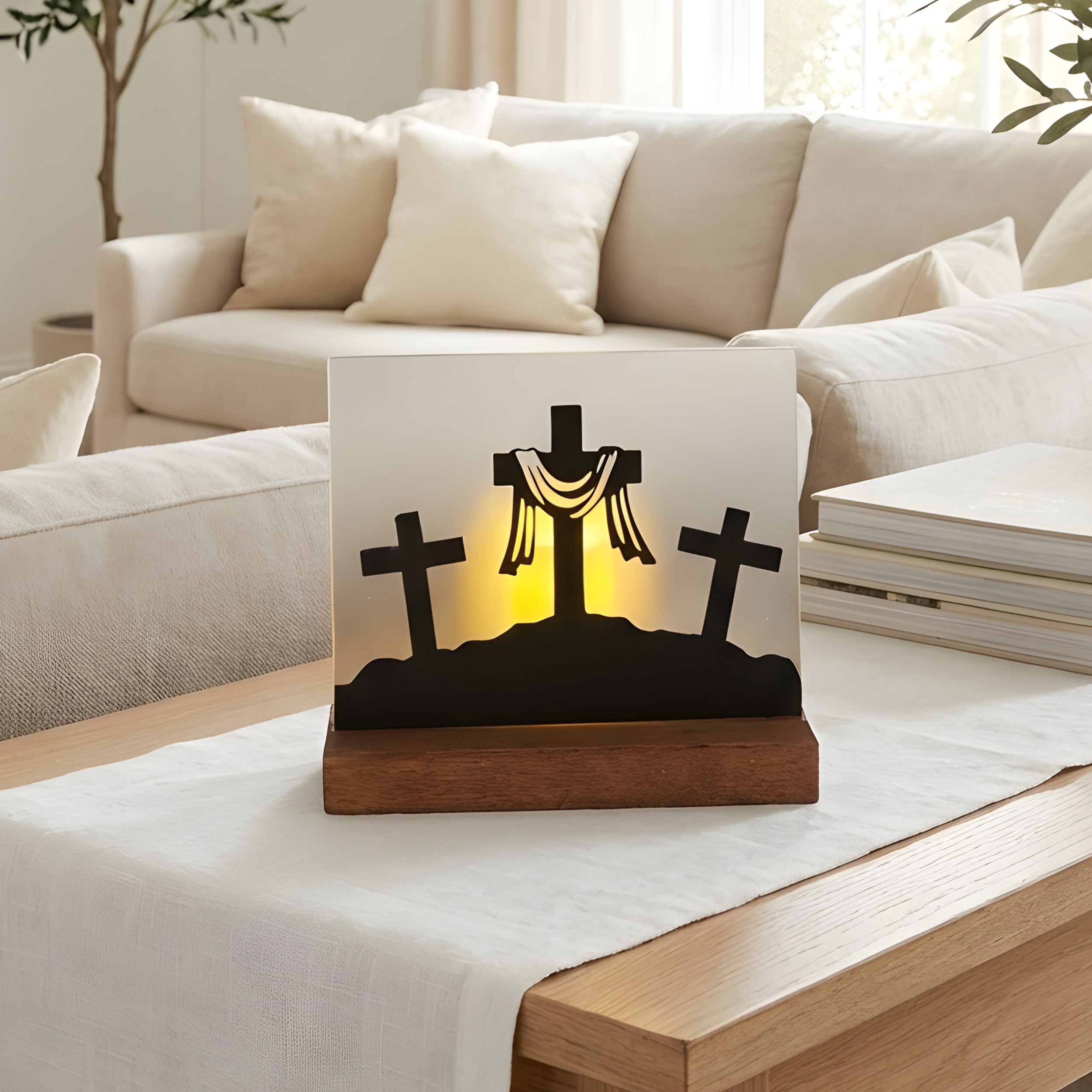 Handcrafted Easter Calvary display with draped cross glowing on a white runner in a bright living room.