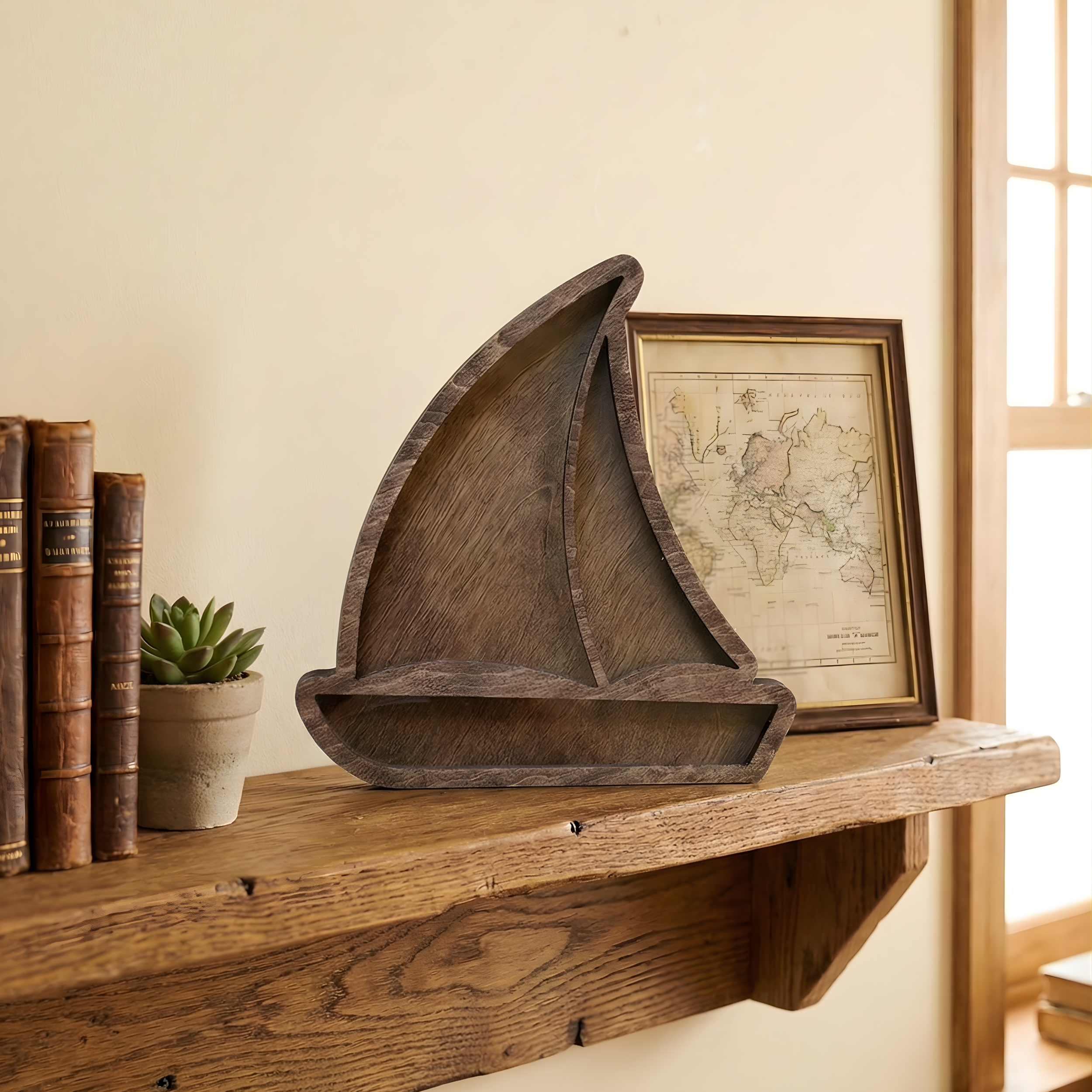 Empty handcrafted sailboat shadow box with a dark walnut stained frame sitting on a rustic wooden shelf.