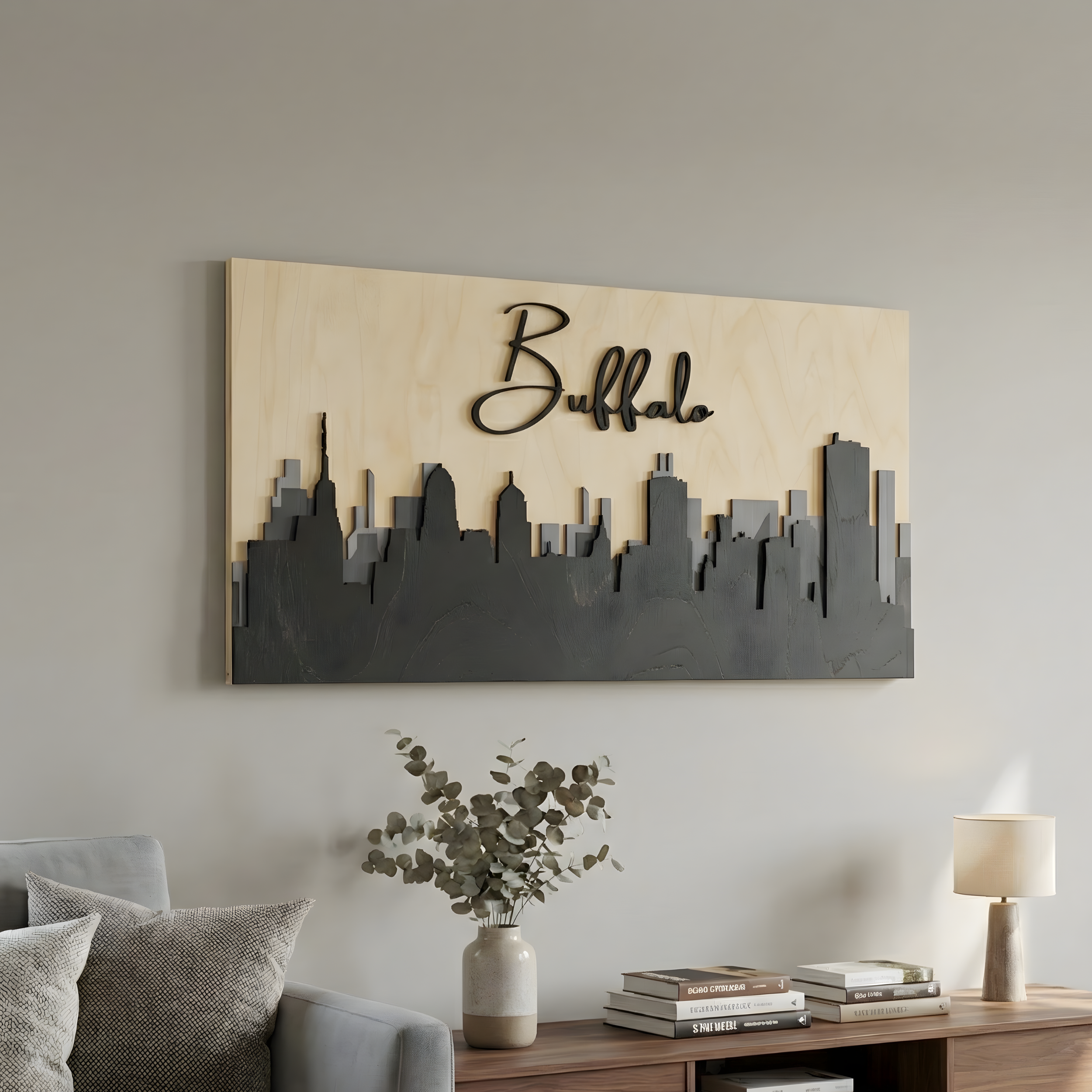 Side angle of 3D grey wood Buffalo skyline wall art in a modern living room above a console table.
