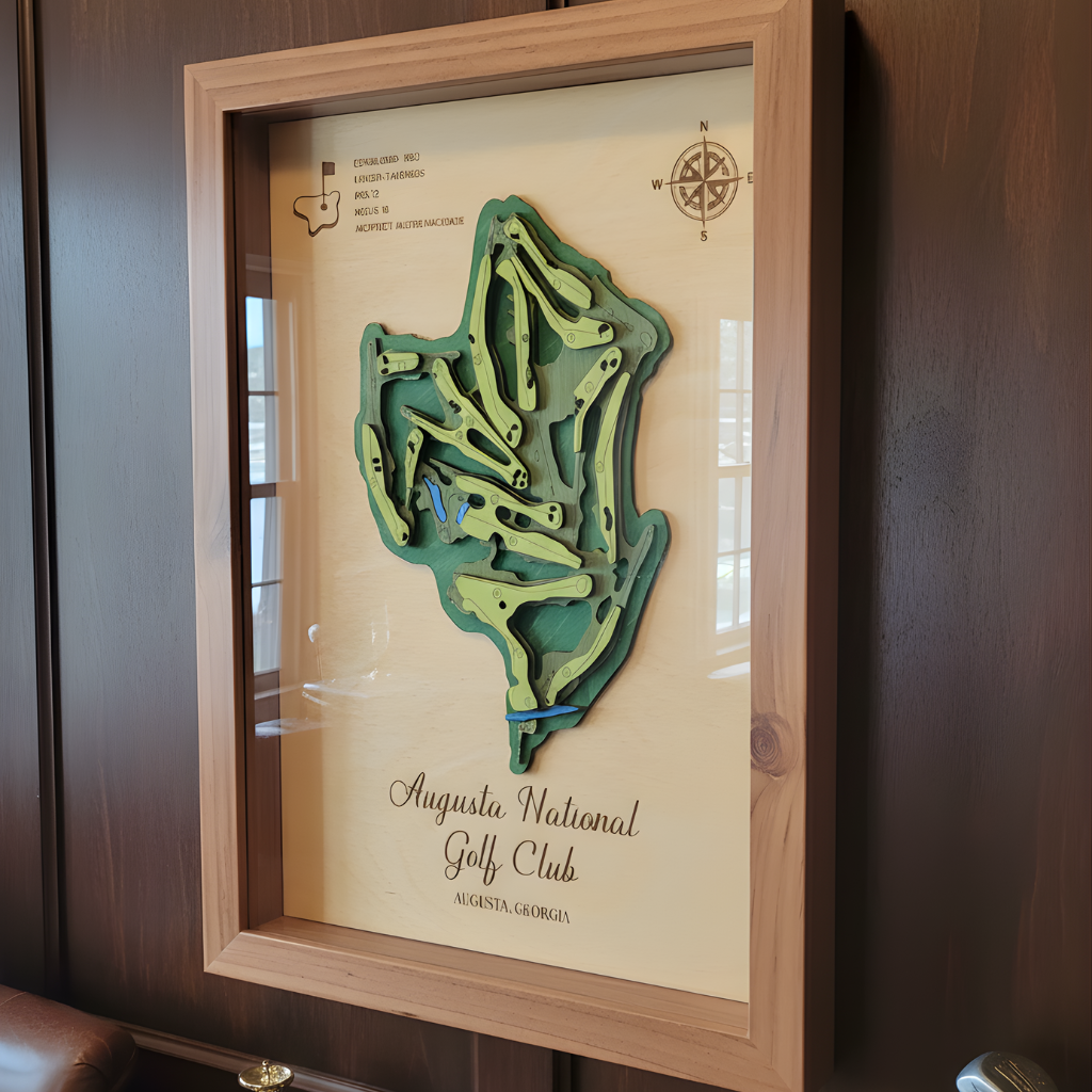 3D wood Augusta National golf map in a wood frame showing multi-toned green course layers.