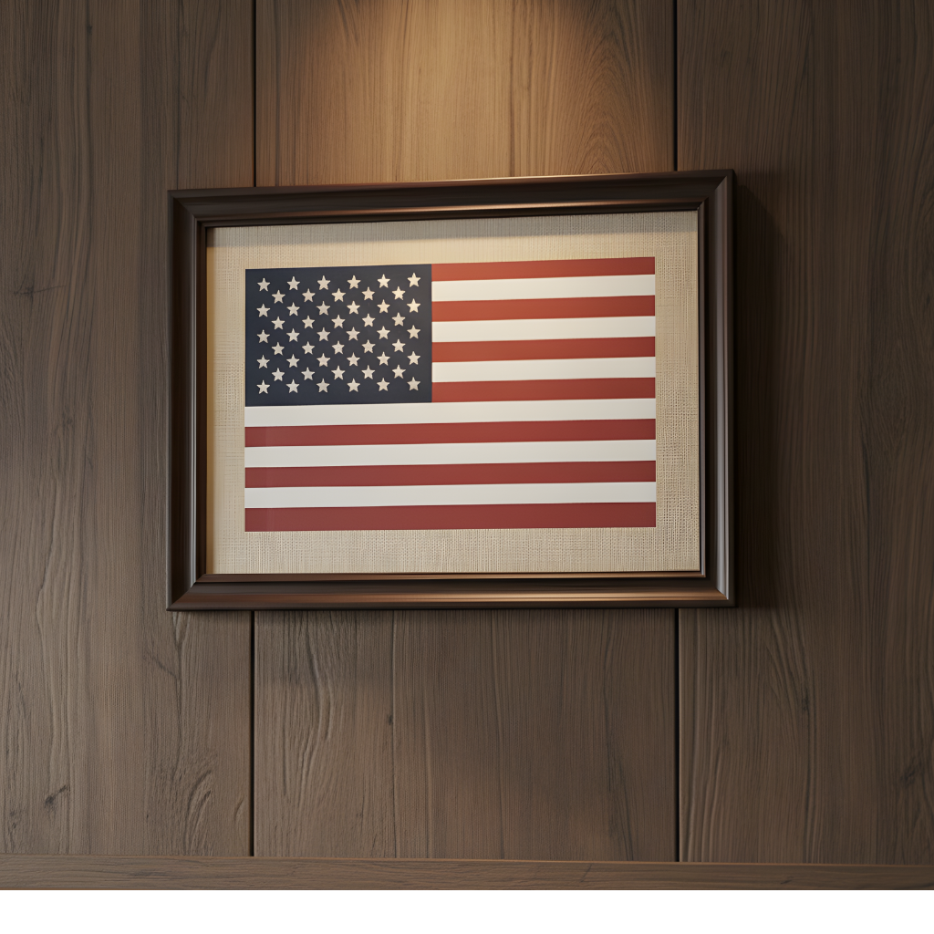 Handcrafted 16x13 inch framed American flag featuring a real cotton flag on a white textured linen mat.