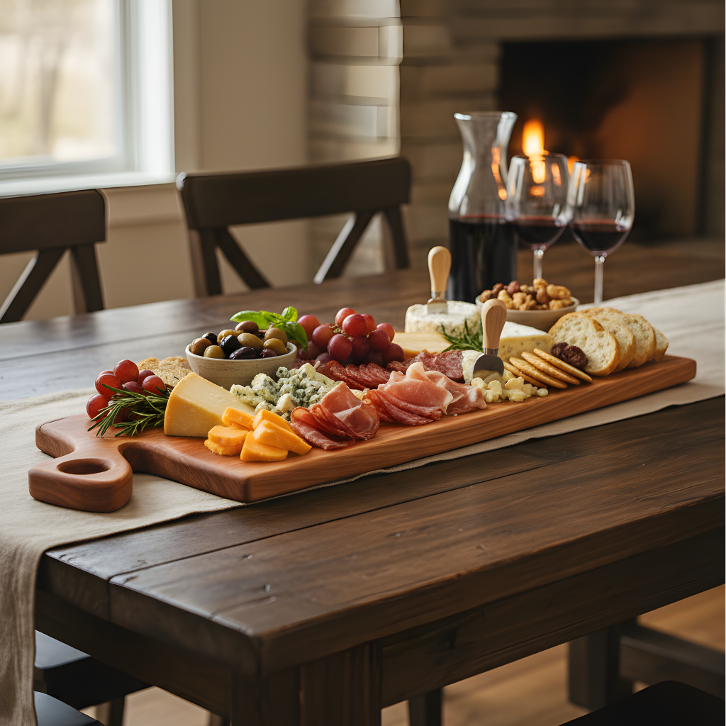 Large cherry wood charcuterie board with cheese, meats, and fruit on a dining table.