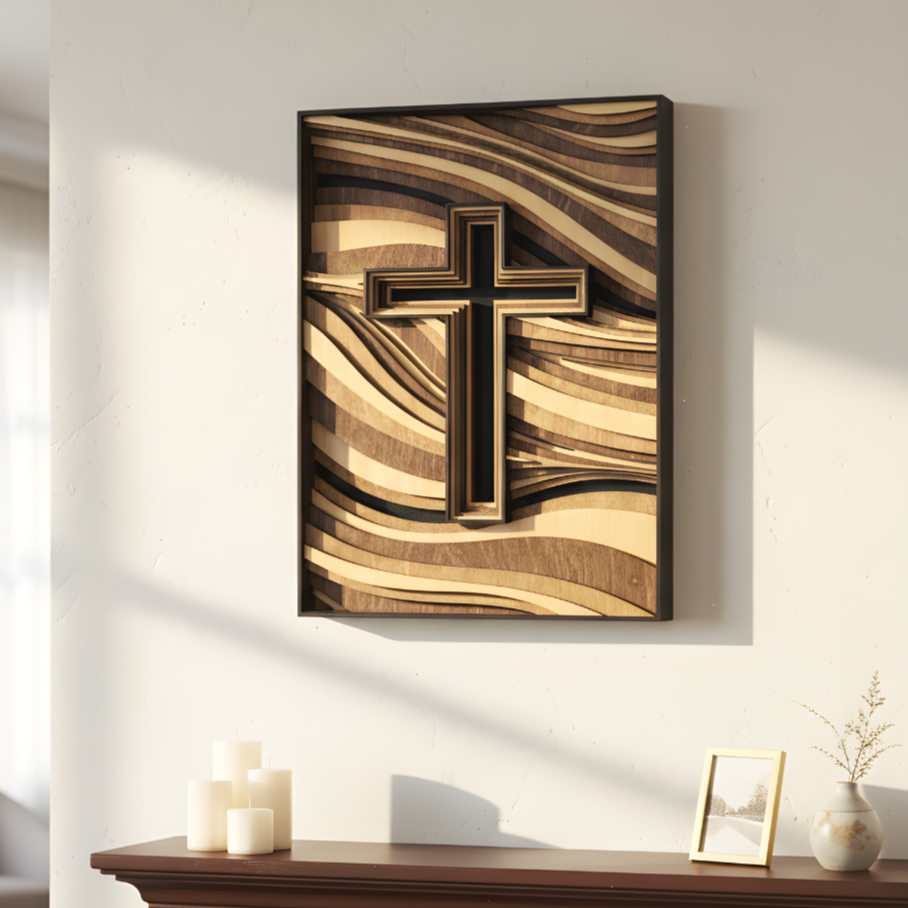 Modern 8-layer laser-cut wood cross with abstract fluid background styled above a mantel.