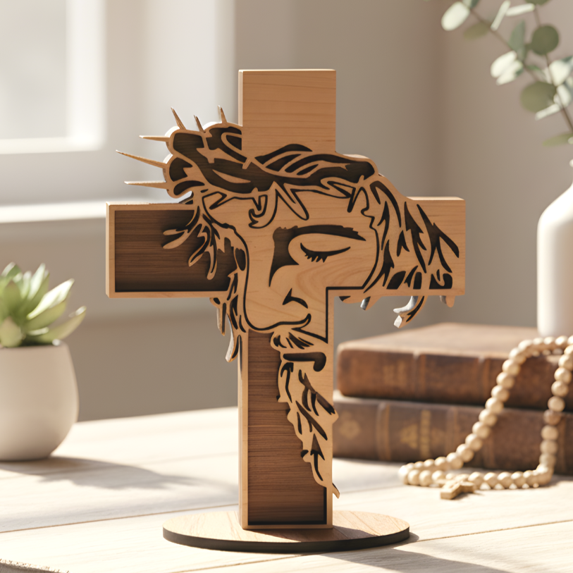 Handcrafted 3D layered wood Jesus cross with crown of thorns on a desk with books and rosary beads.