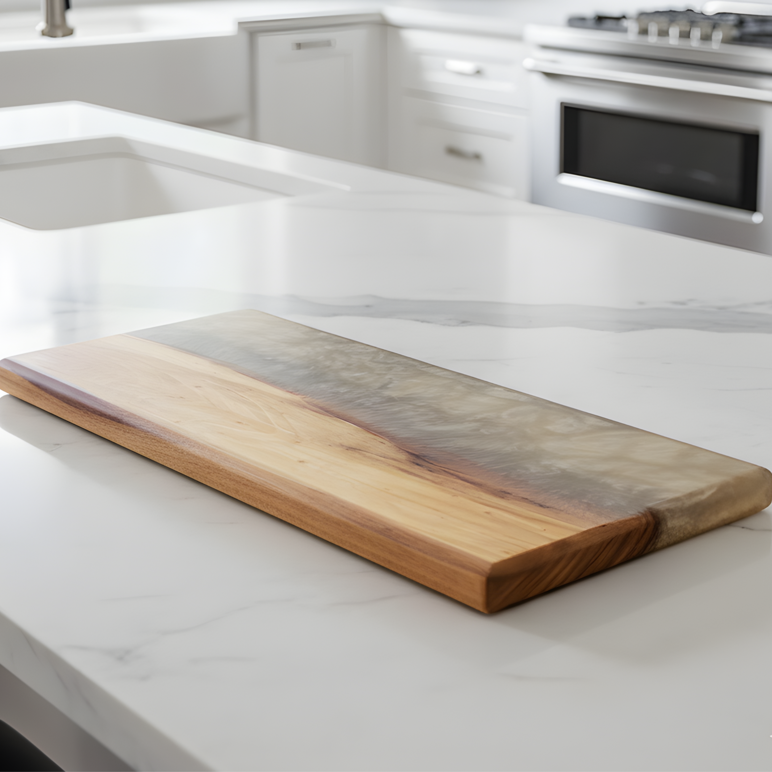 Handcrafted 18-inch walnut and smoke-swirl epoxy charcuterie board sitting on a white marble countertop.