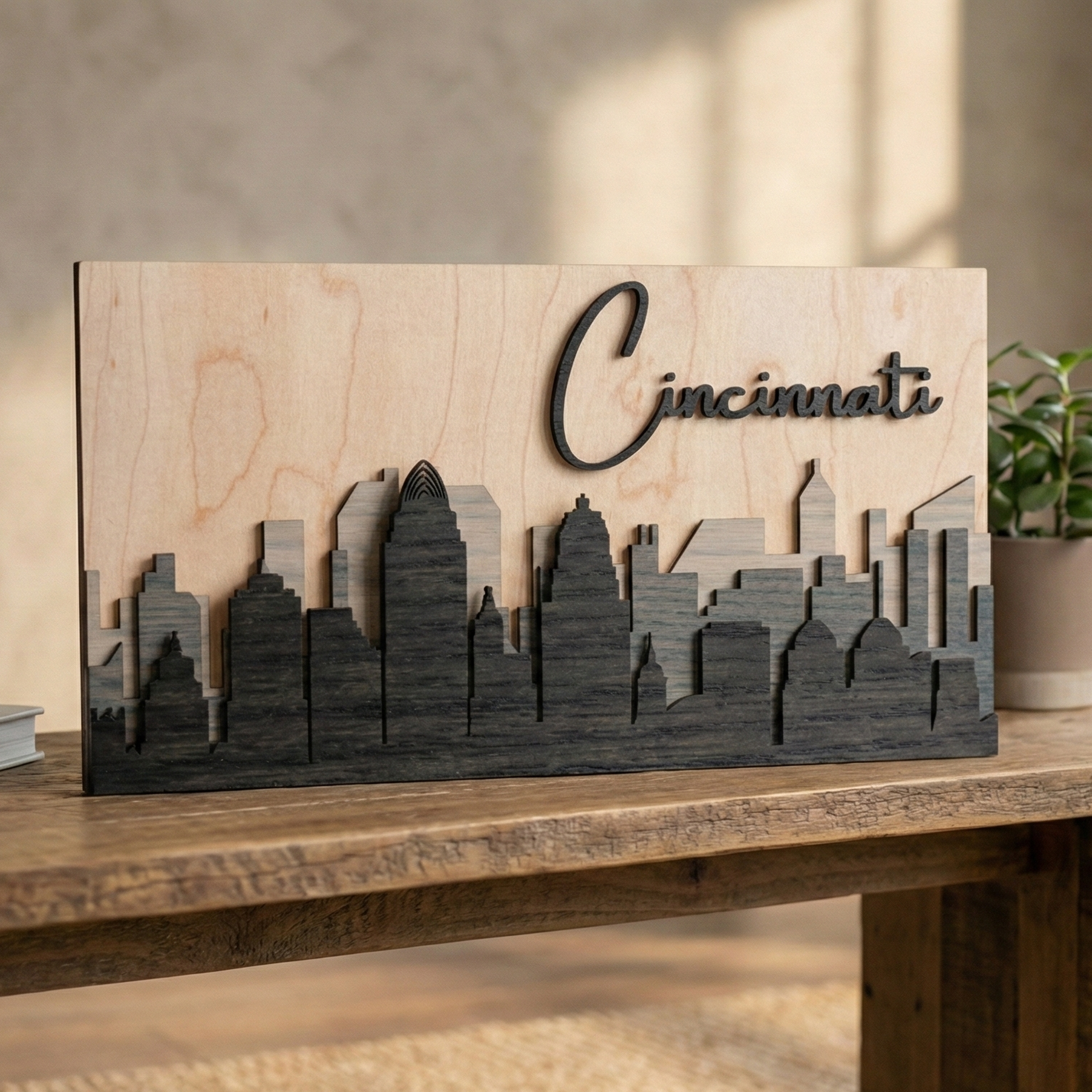 3D grey wood Cincinnati skyline art standing on a wooden tabletop in a bright room.