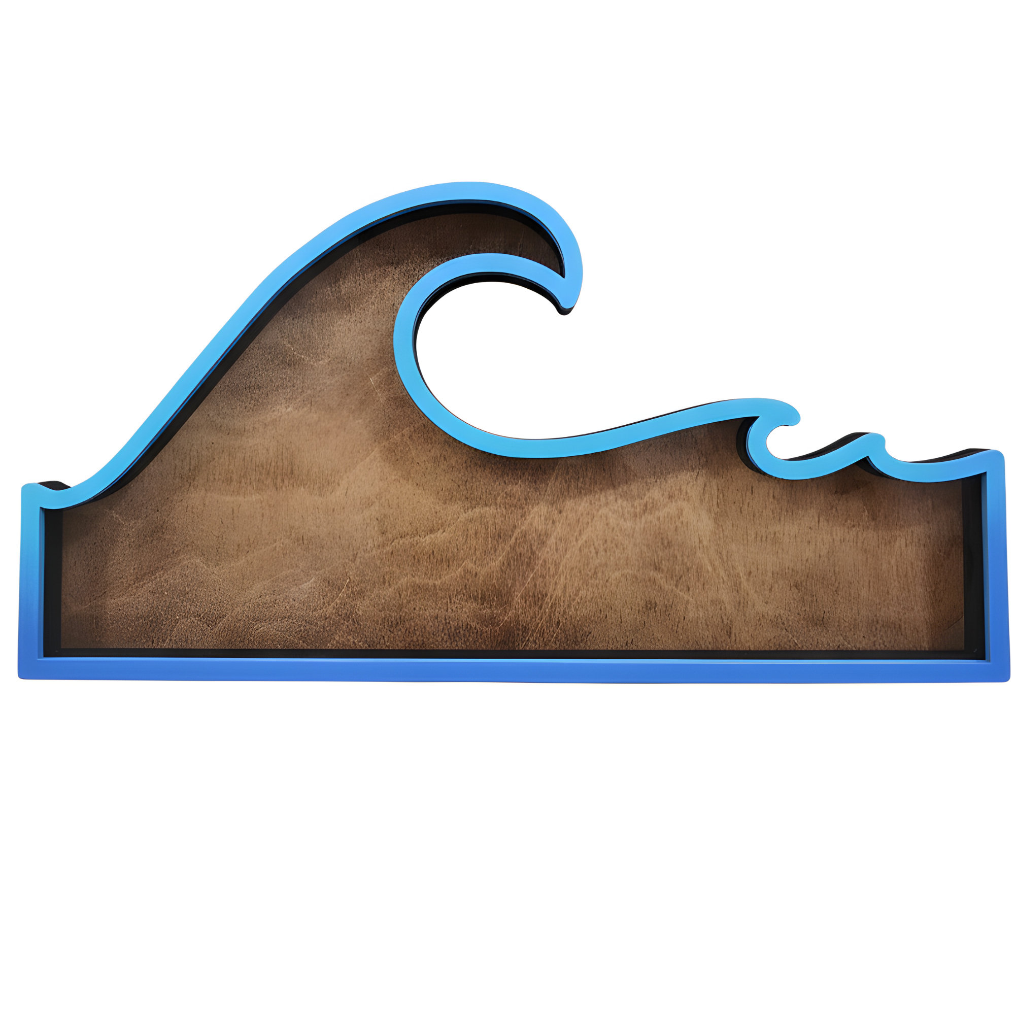 Close-up of the hand-painted blue wave frame and rustic wood grain detail.