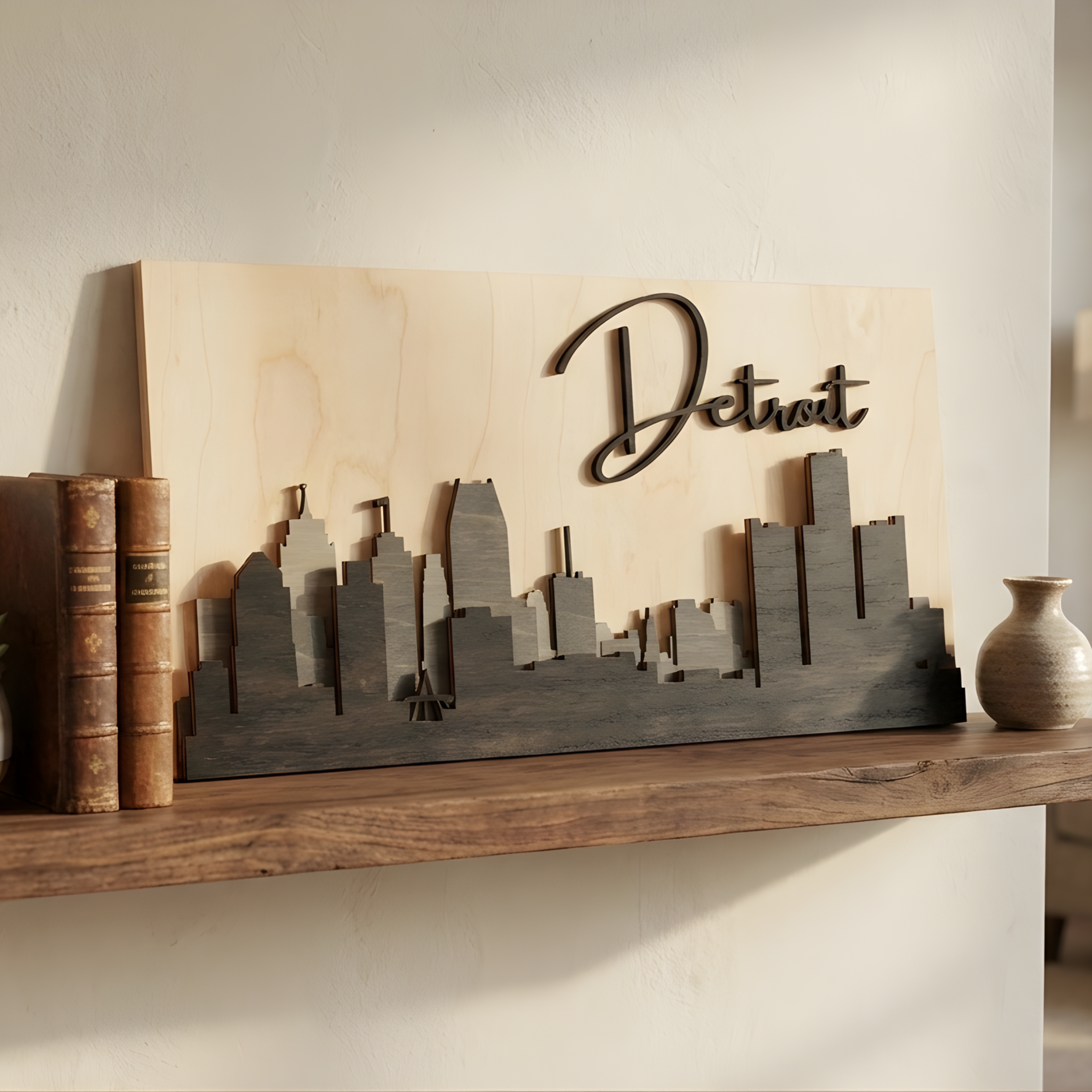 3D grey Detroit wood skyline art sitting on a wooden shelf with books and a vase.