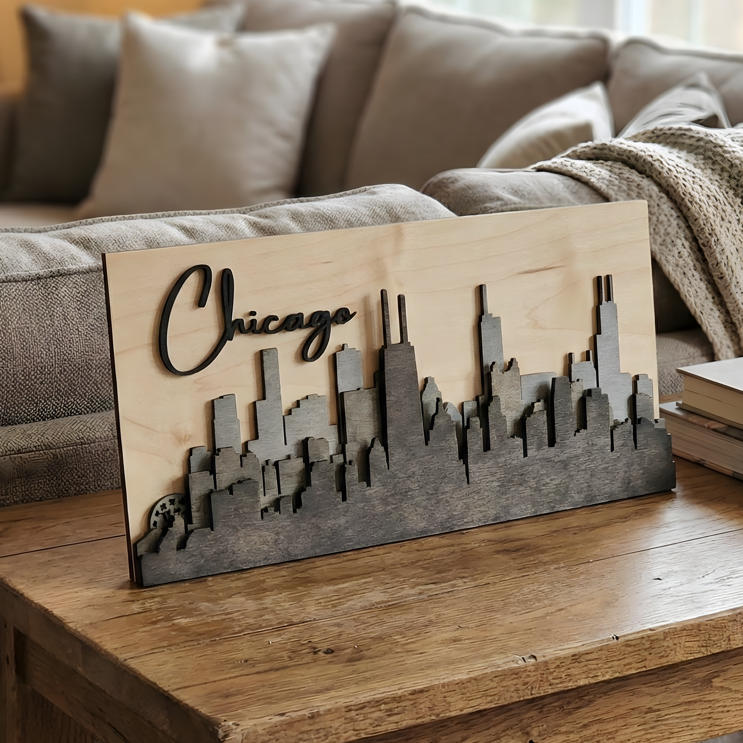 3D grey Chicago wood skyline art standing on a wooden coffee table in a modern living room.