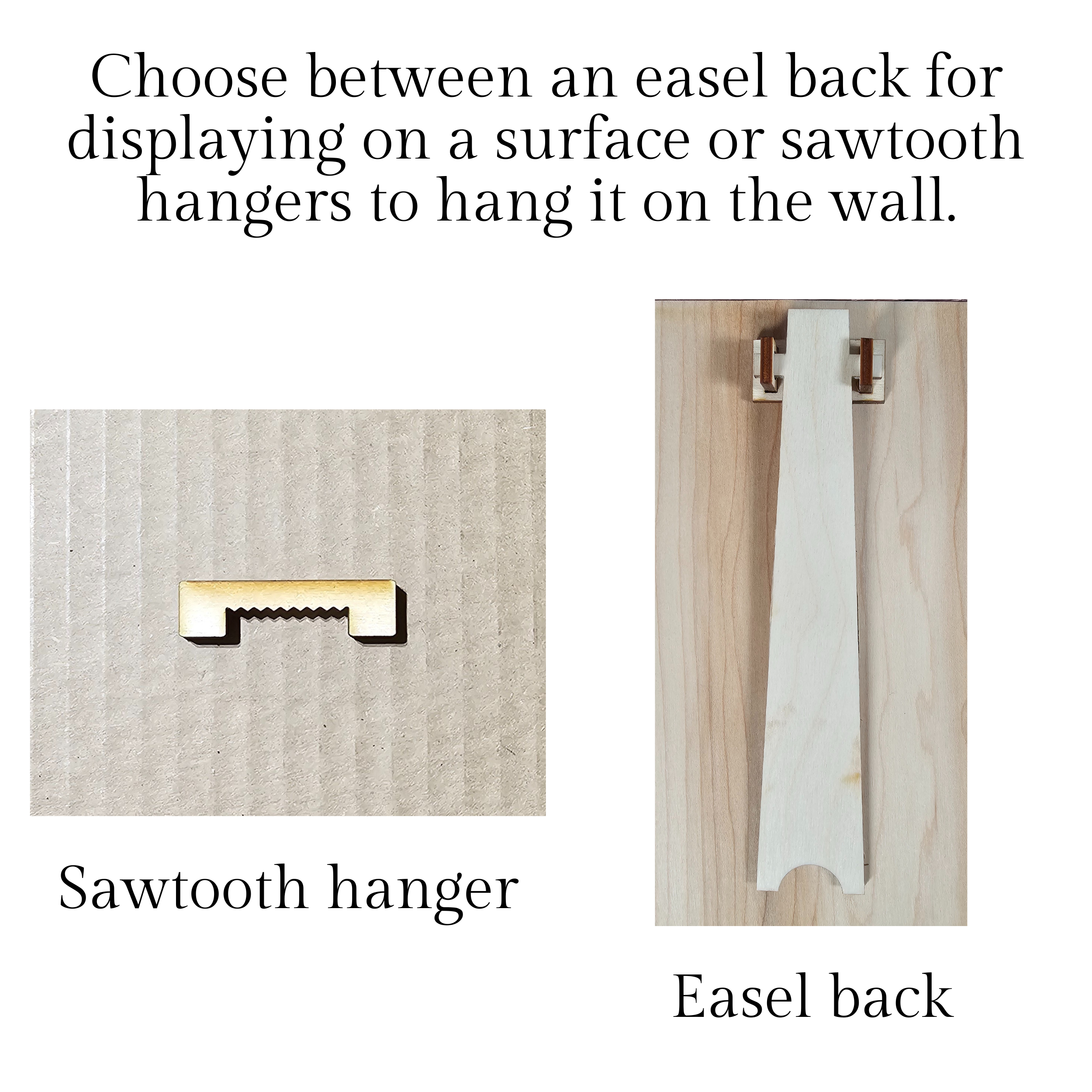 Close-up of sawtooth hanger and easel back mounting options for the handcrafted wood skyline art.