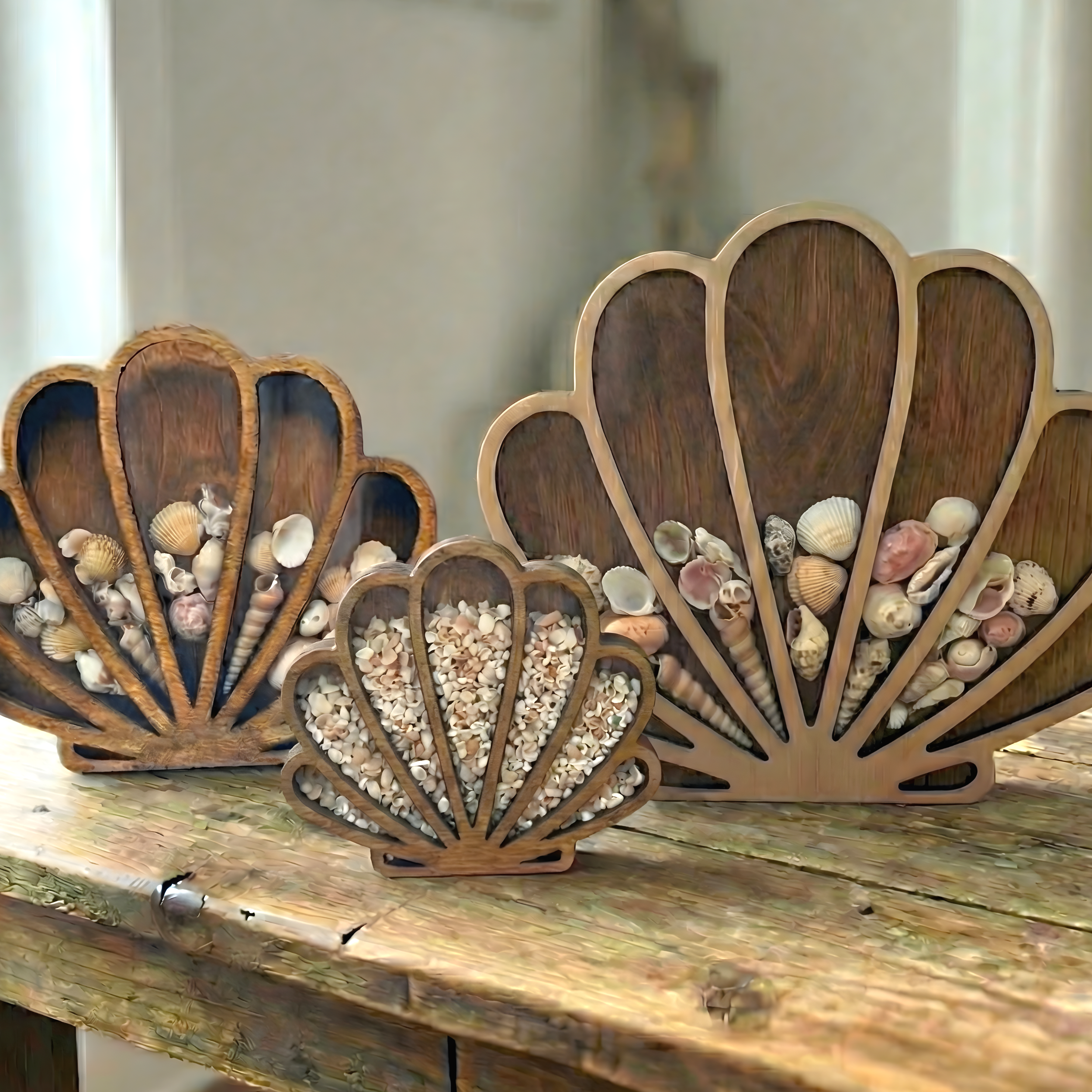 Three seashell wood shadow boxes of varying sizes filled with diverse sea shells on a rustic wooden table.