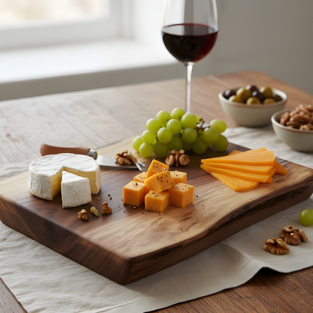 Compact walnut live-edge cheese board styled with a glass of red wine and snacks.