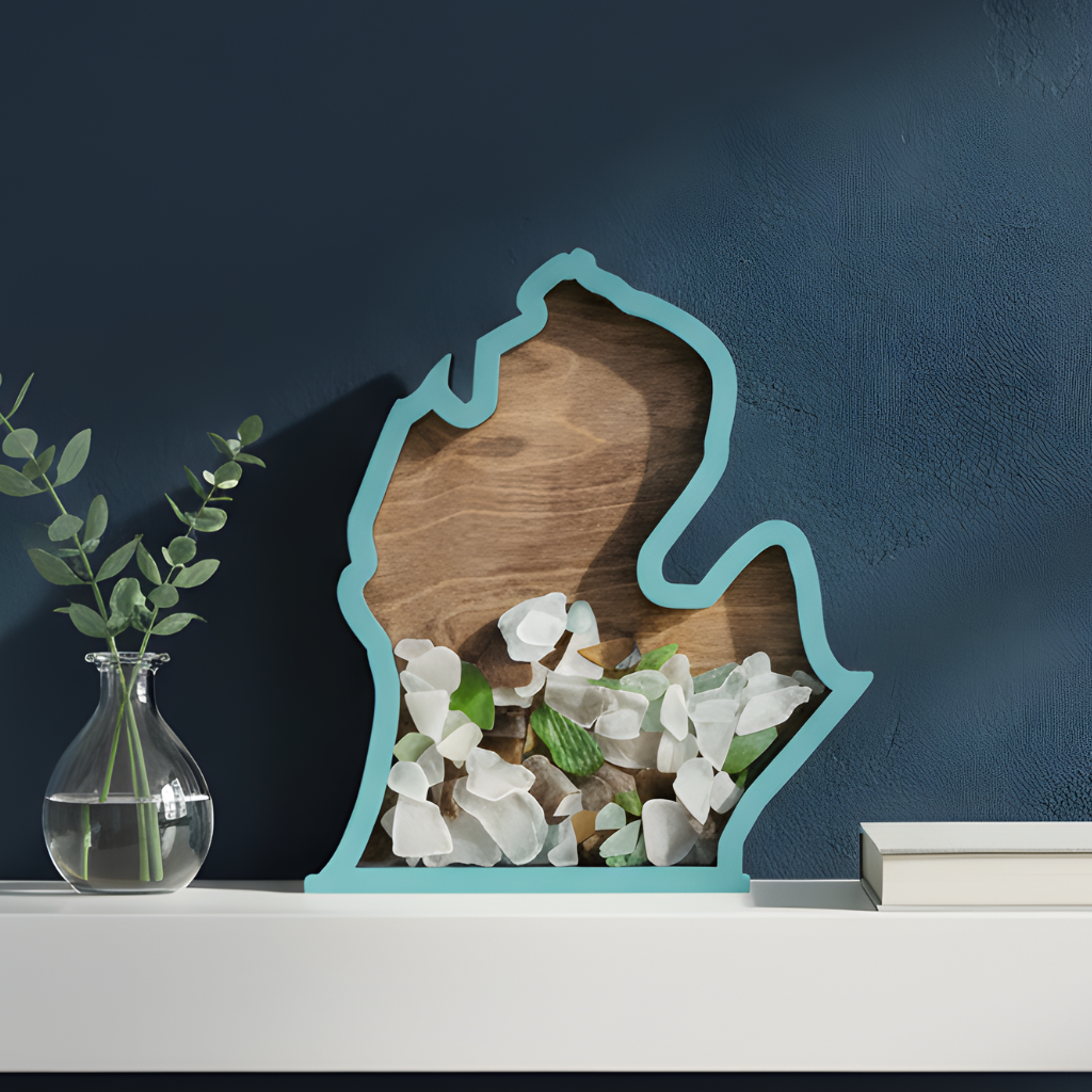 Michigan-shaped beach glass display holding beach glass pieces.
