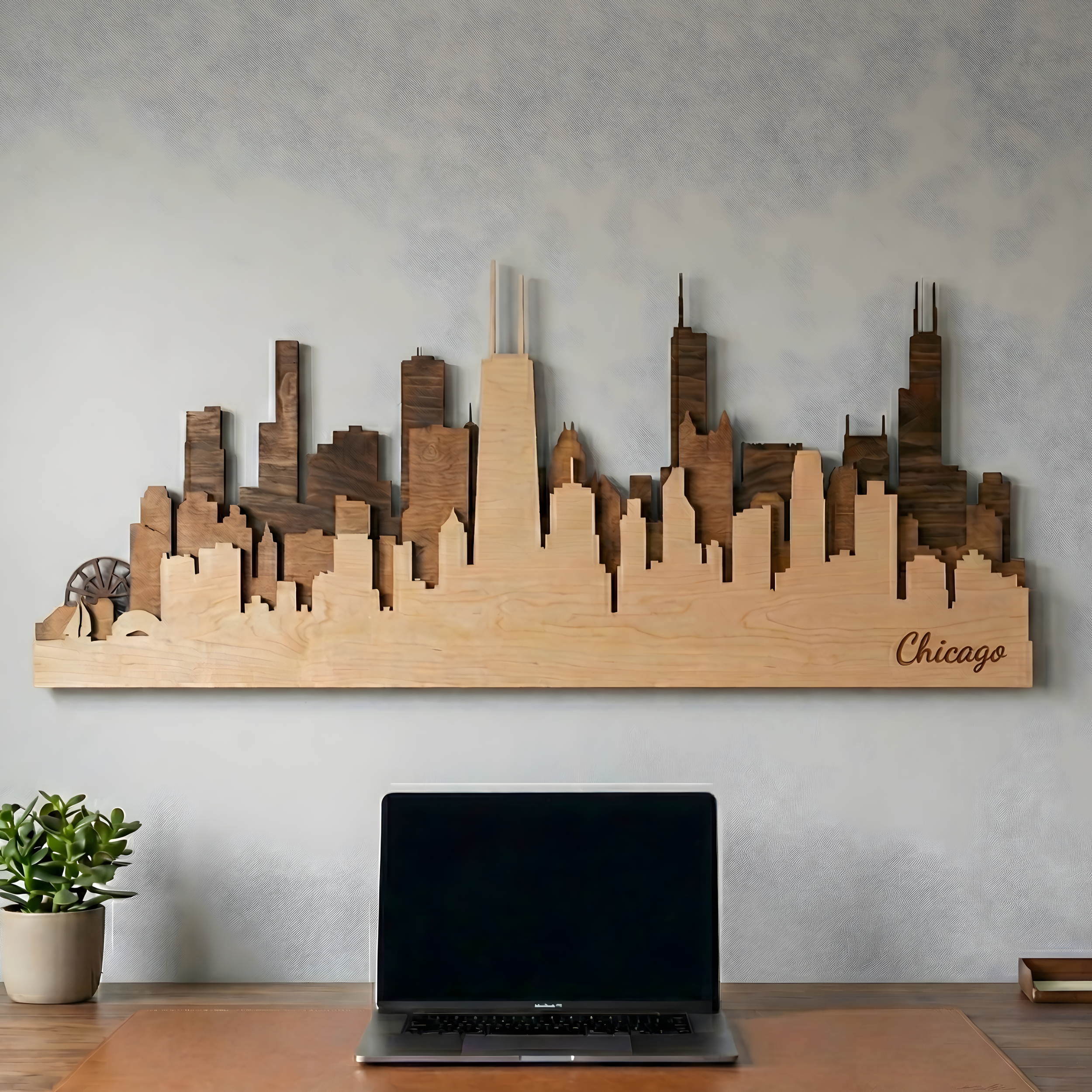 3D wood Chicago skyline wall art in brown and natural wood tones, mounted on a wall above a desk with a laptop.