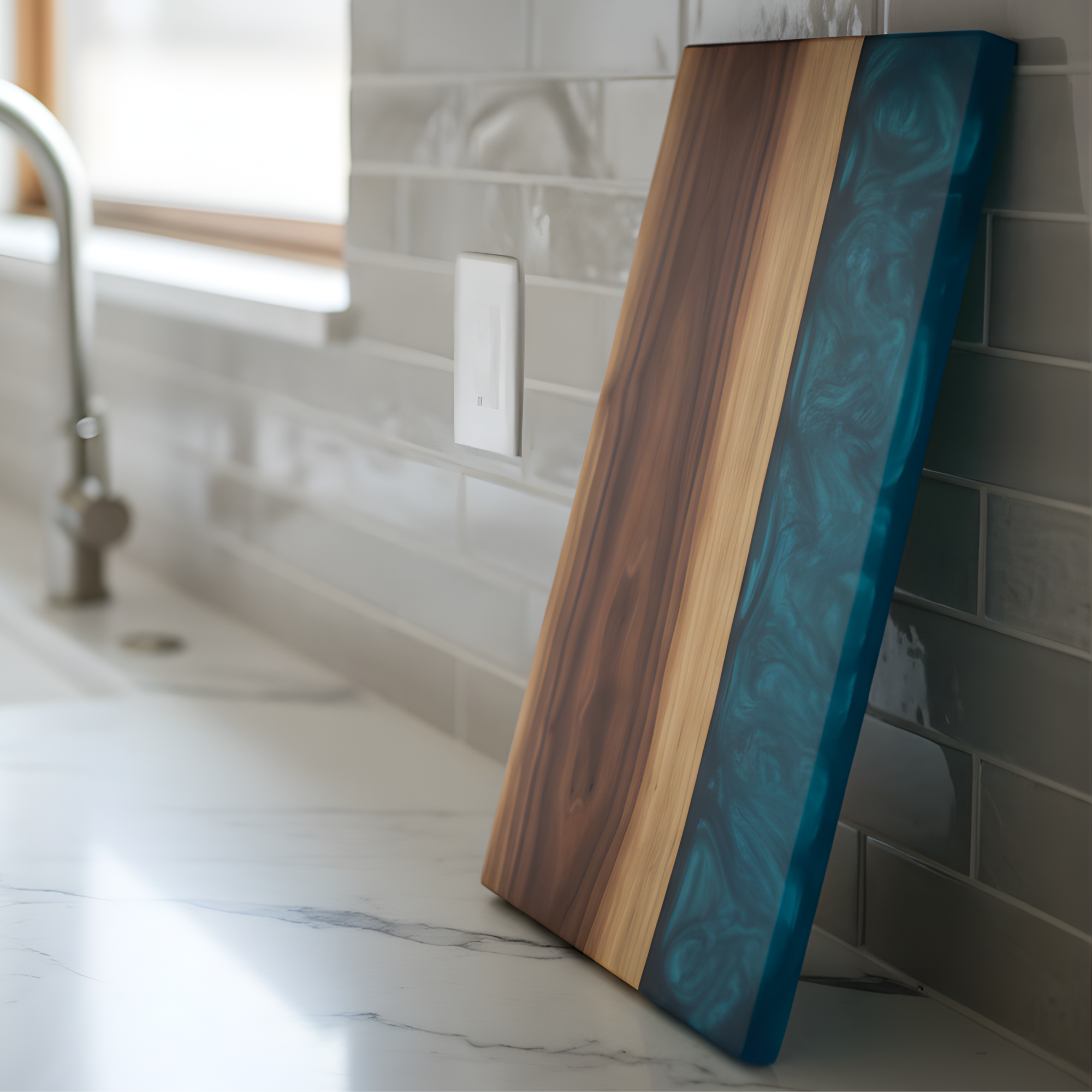 Handcrafted walnut and blue swirled epoxy serving board leaning against a white tiled kitchen wall.