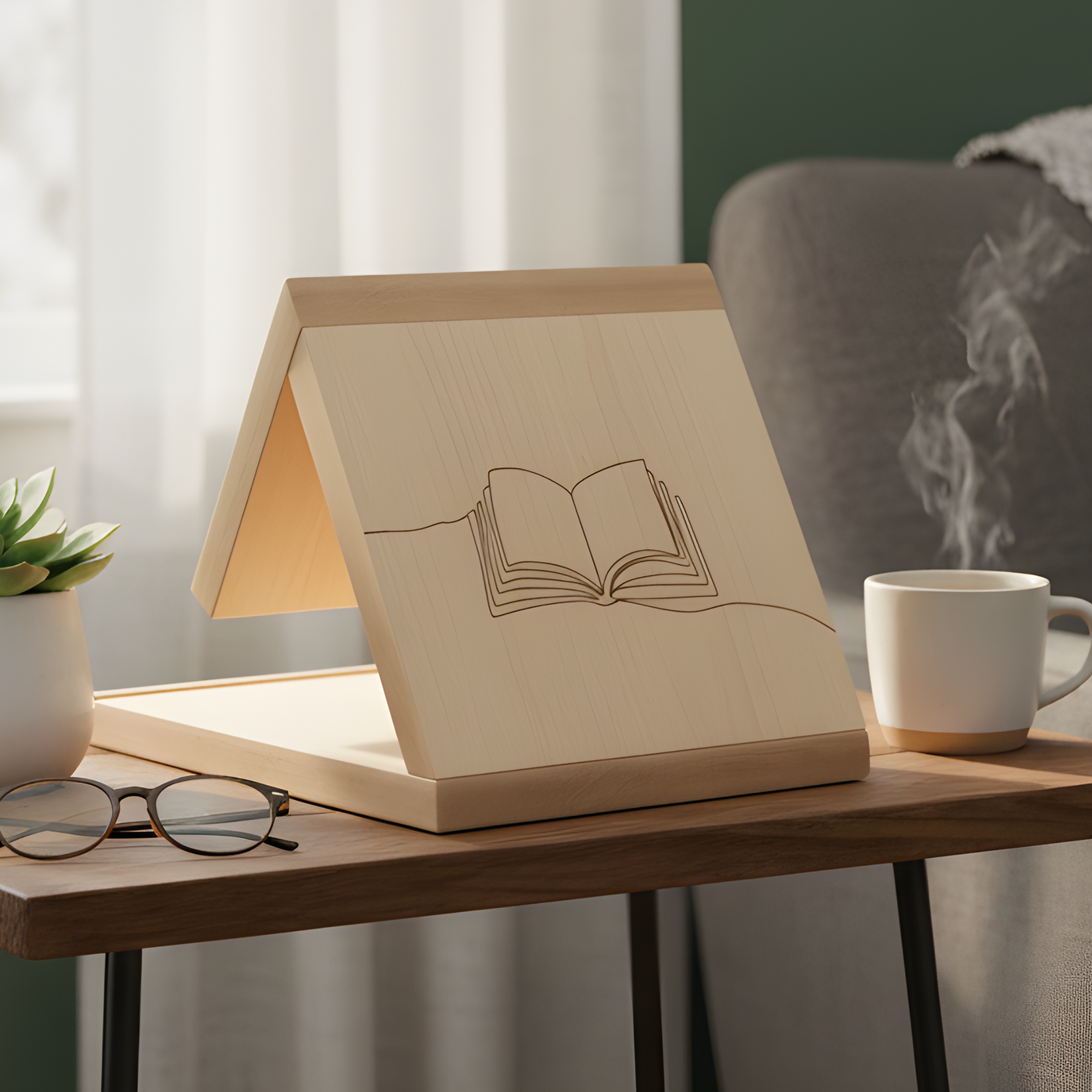 Maple book placeholder in use on a nightstand holding a book and reading glasses.