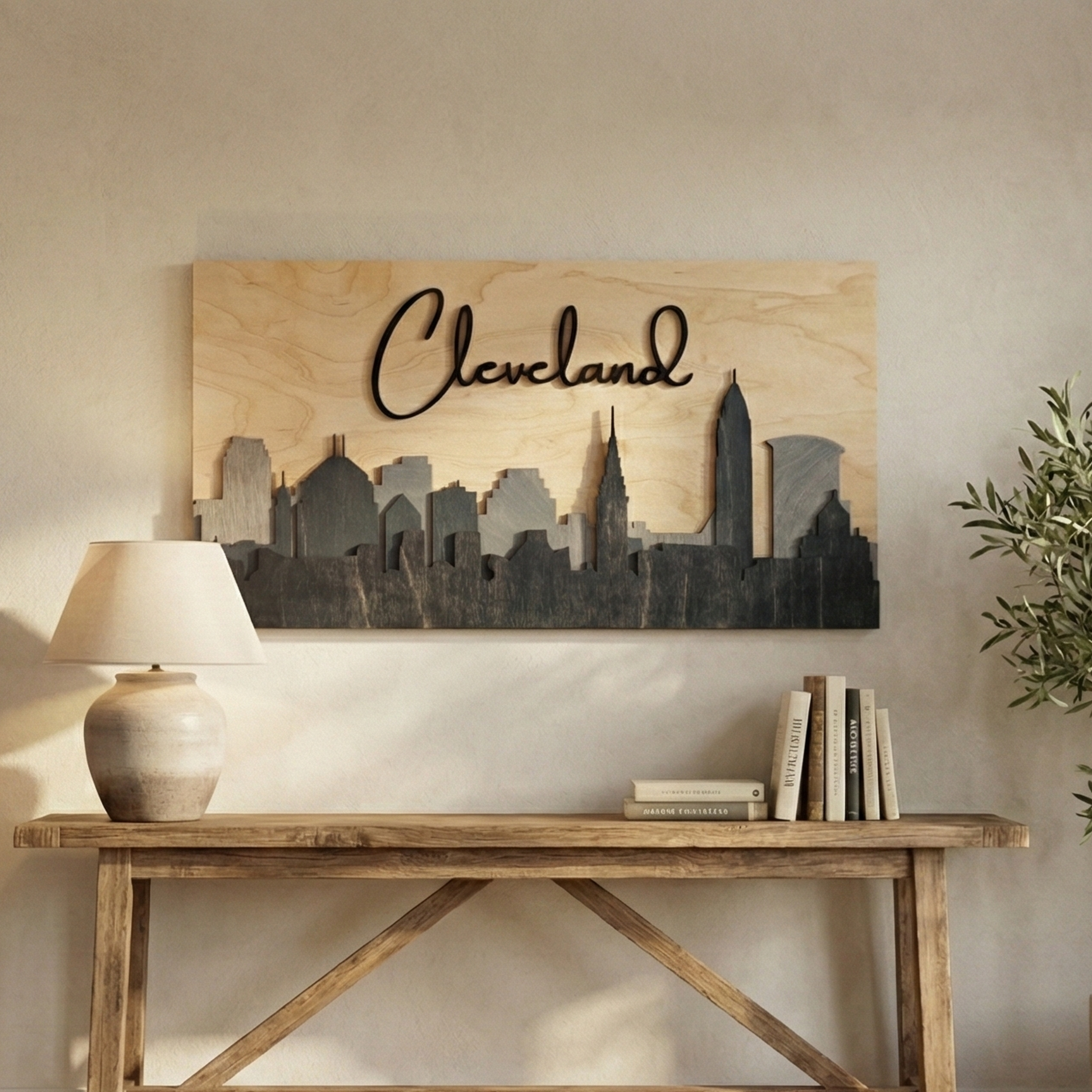 3D grey wood Cleveland skyline art on a neutral wall above a wooden console table.
