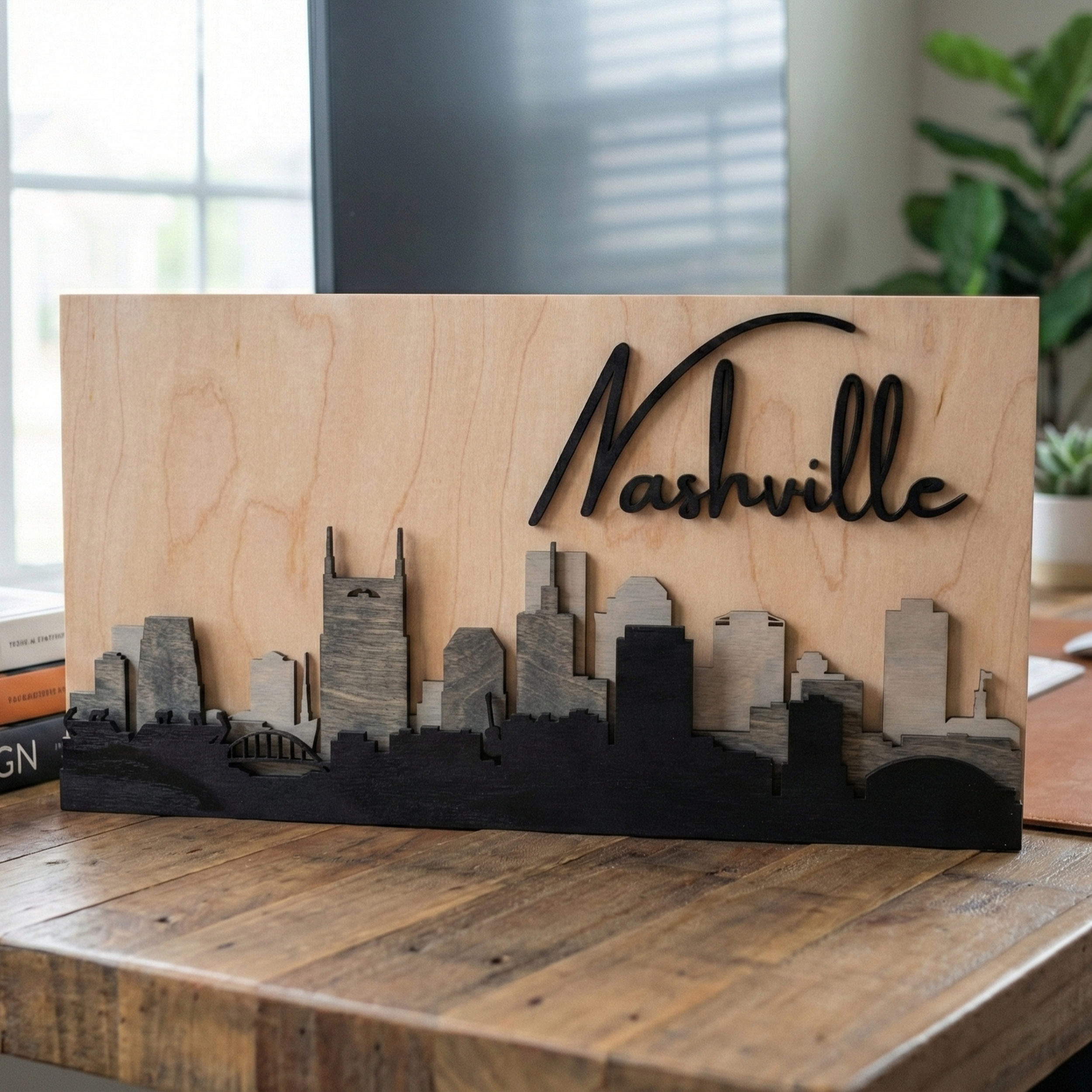Small 3D grey wood Nashville skyline art standing on a wooden tabletop in a modern office.