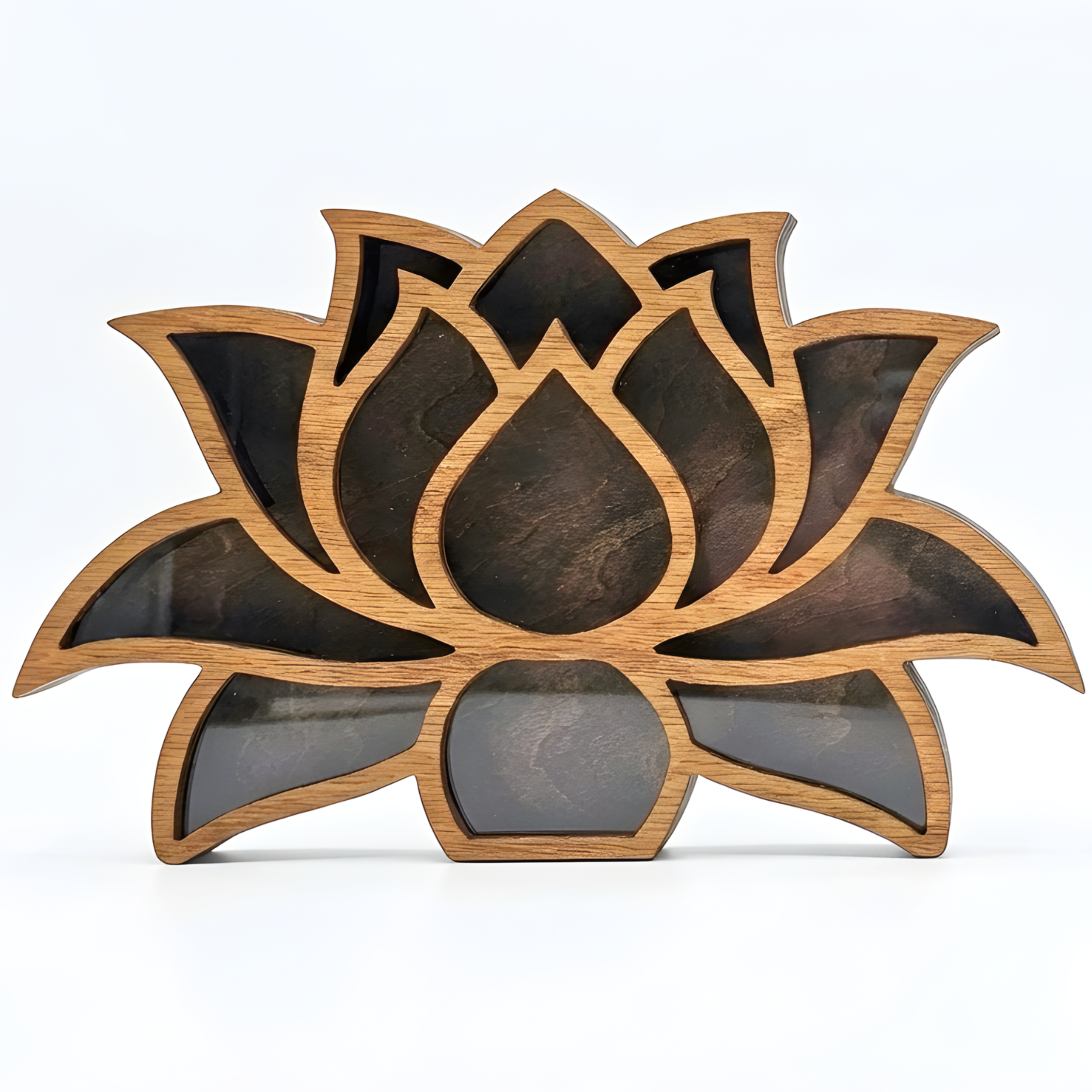 Handcrafted wood lotus flower sea glass display box with Summer Oak stained frame and dark walnut back.