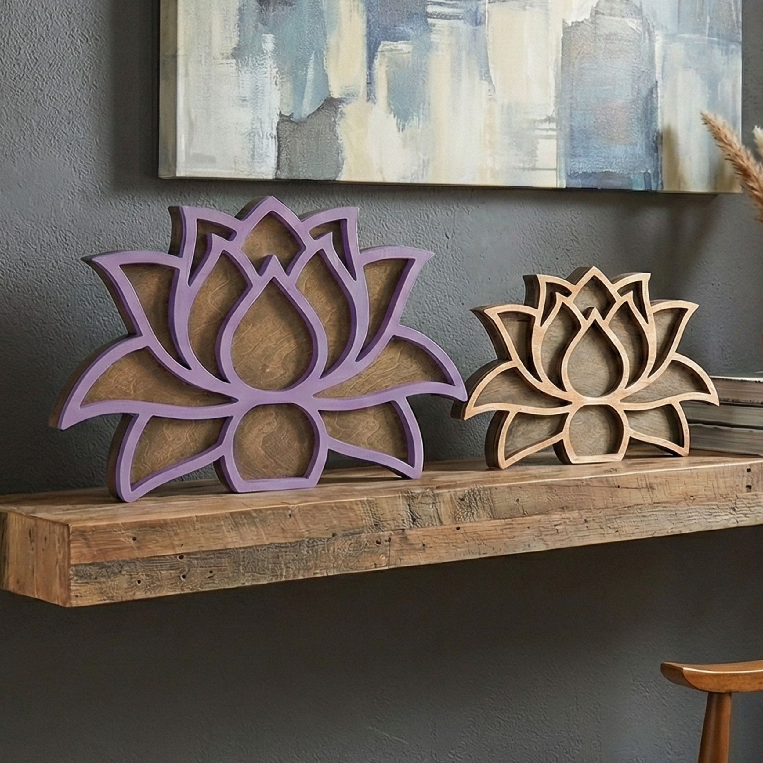 Large purple and small oak lotus shadow boxes shown empty to highlight the wood grain and top-filling design on a weathered entryway table.