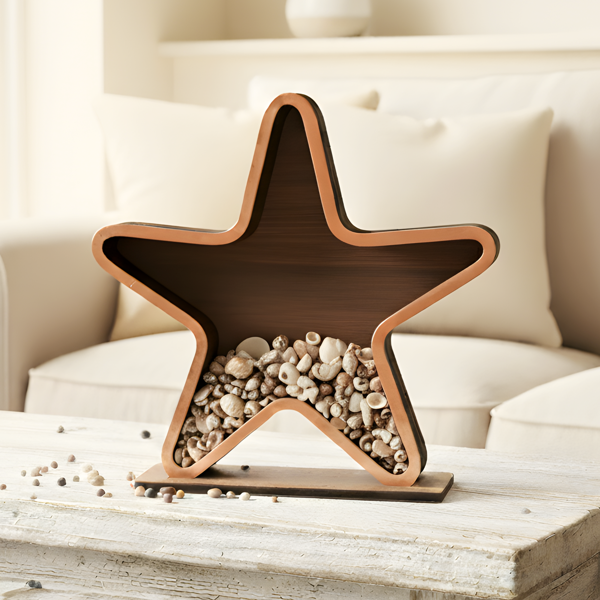 Starfish-shaped sea glass display box filled with seashells.
