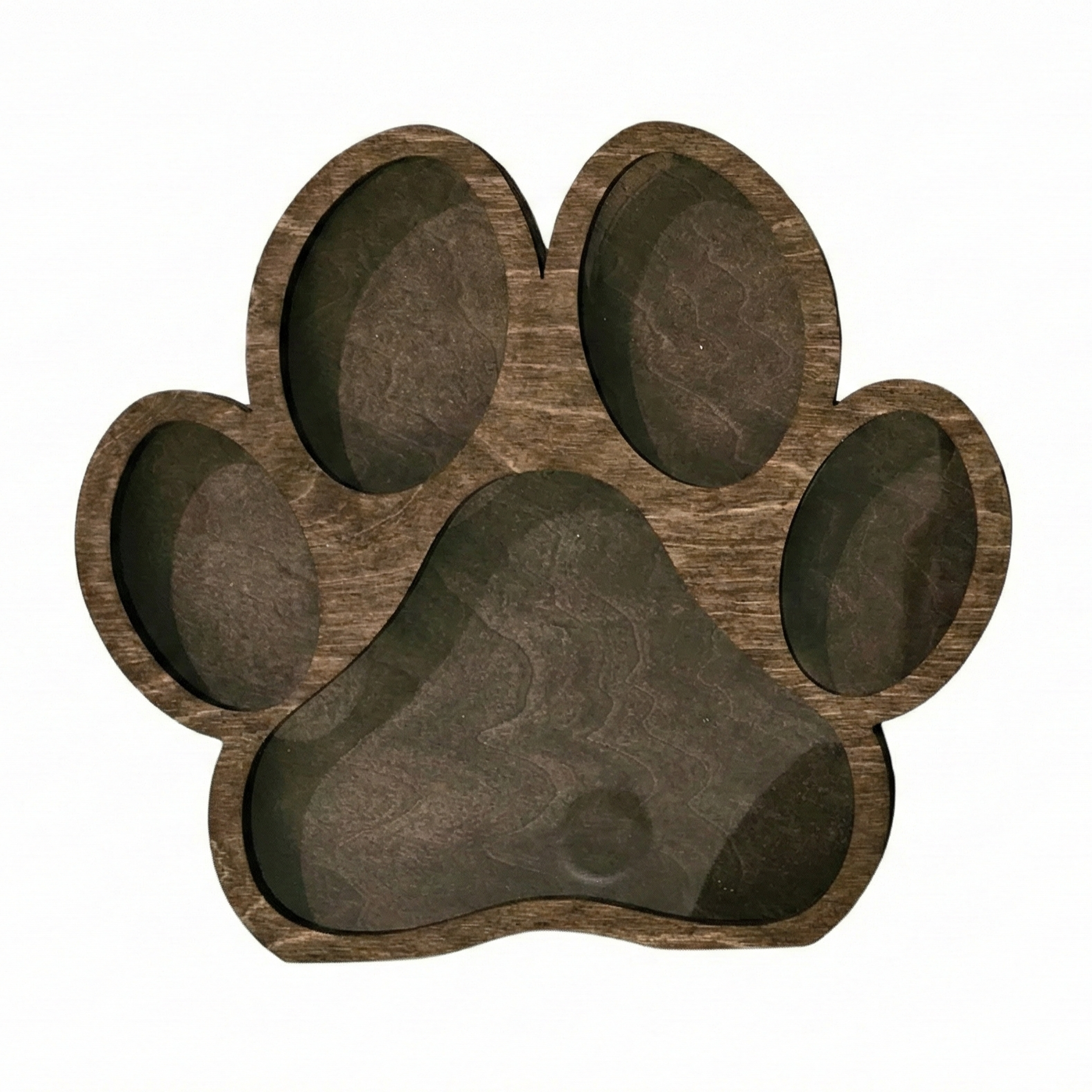A single empty paw-print shadow box featuring a dark walnut wood finish on both the front frame and backer, isolated on a white background.