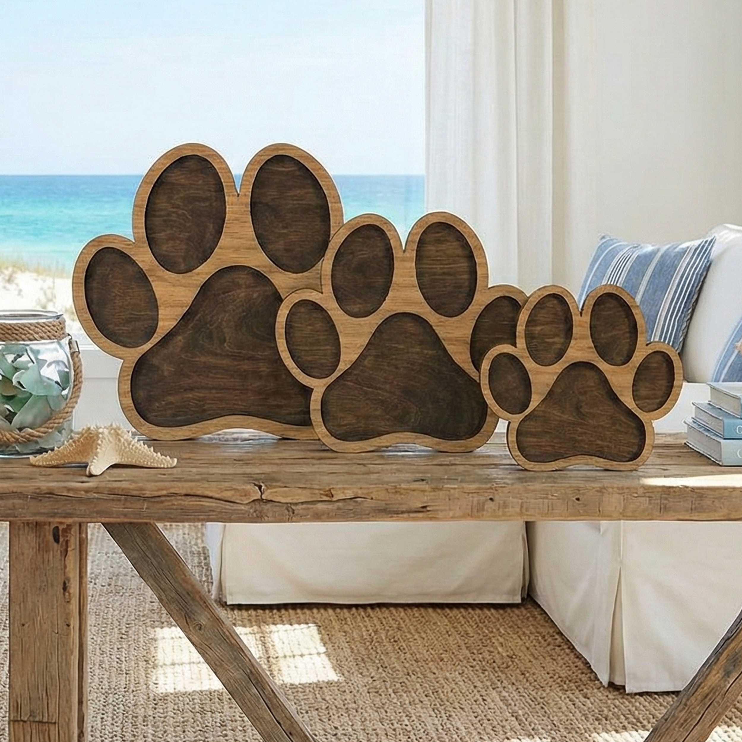Three empty paw-print shadow boxes in large, medium, and small sizes, all featuring light wood front frames and dark backers, staged on a rustic weathered wood table in a sunny beach house setting.