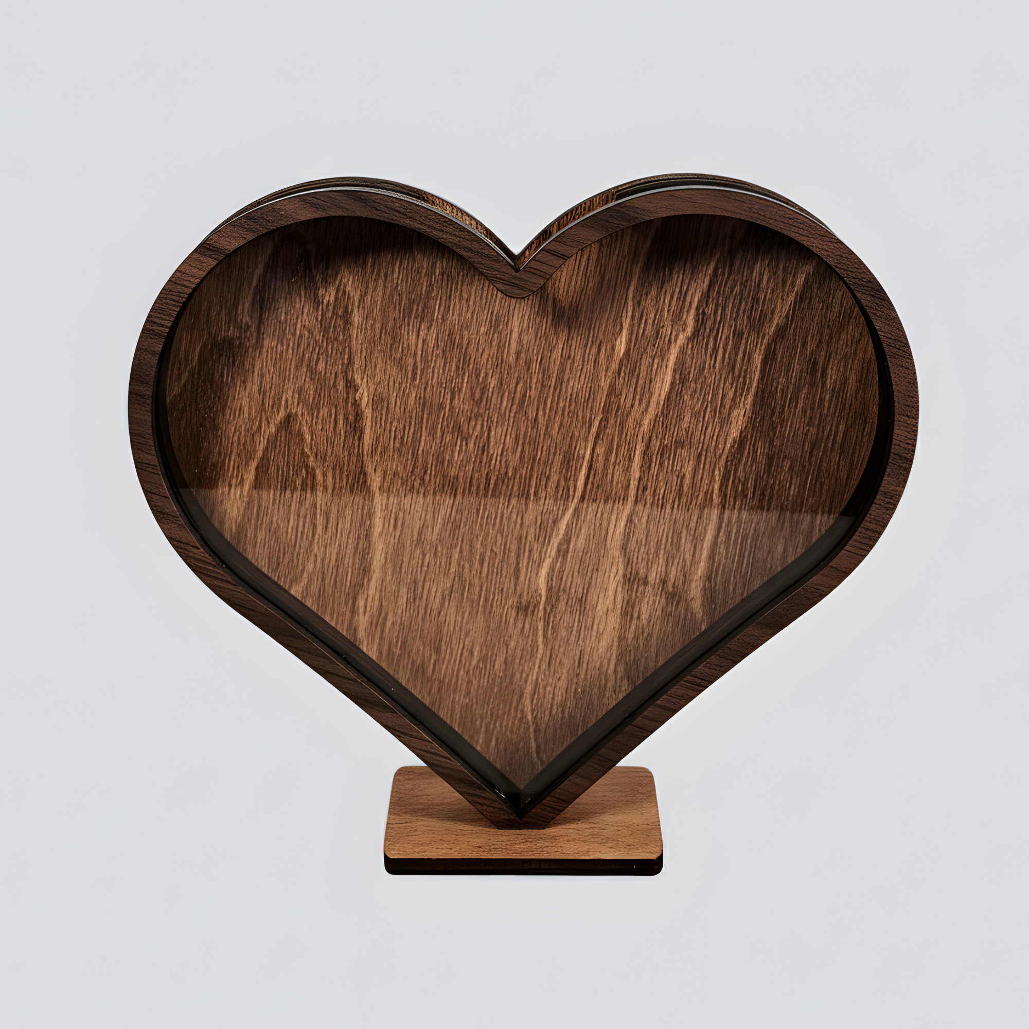 Heart-shaped sea glass display box with dark walnut frame and dark walnut wood background.