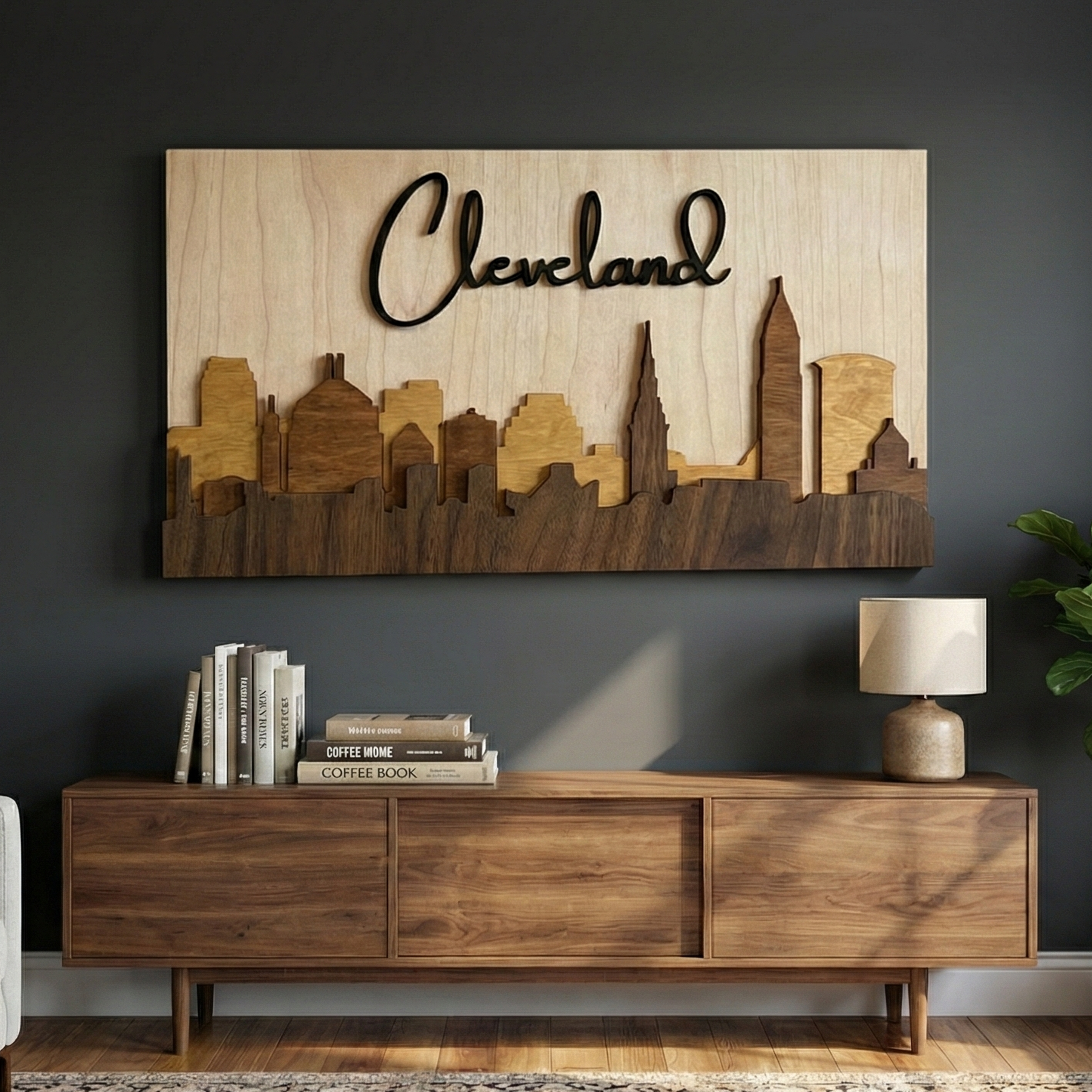 3D brown Cleveland wood skyline wall art hanging on a dark wall above a wooden console.