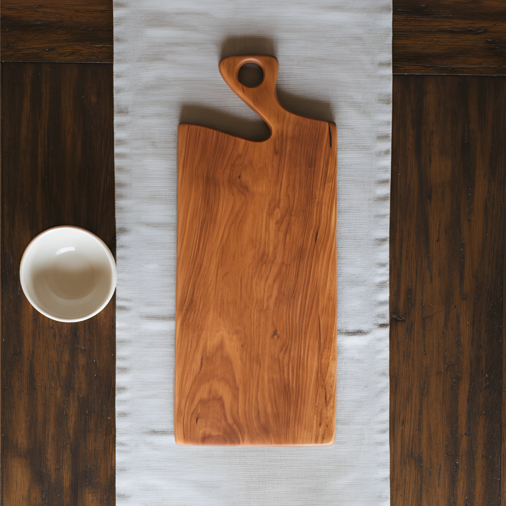Handcrafted solid cherry wood charcuterie board with a unique curved handle design.